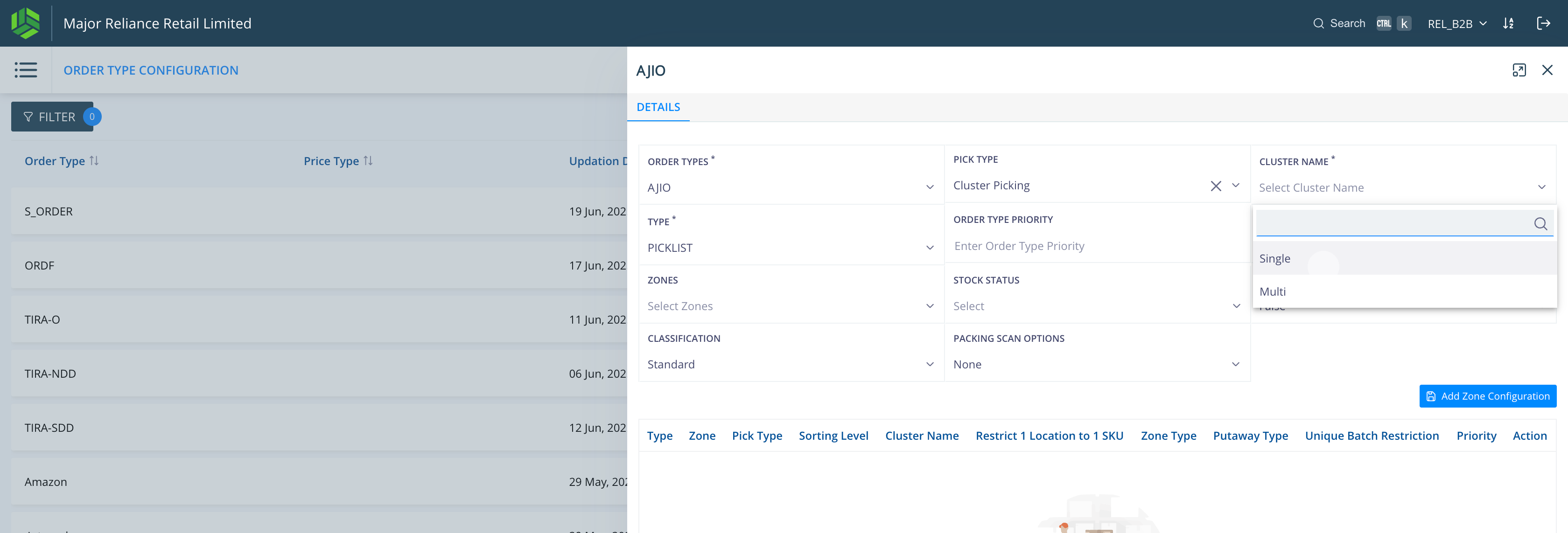 Step #6: Click on CLUSTER NAME. These are the clusters defined at cluster configs.Select Single cluster ( Defined for single order quantity).