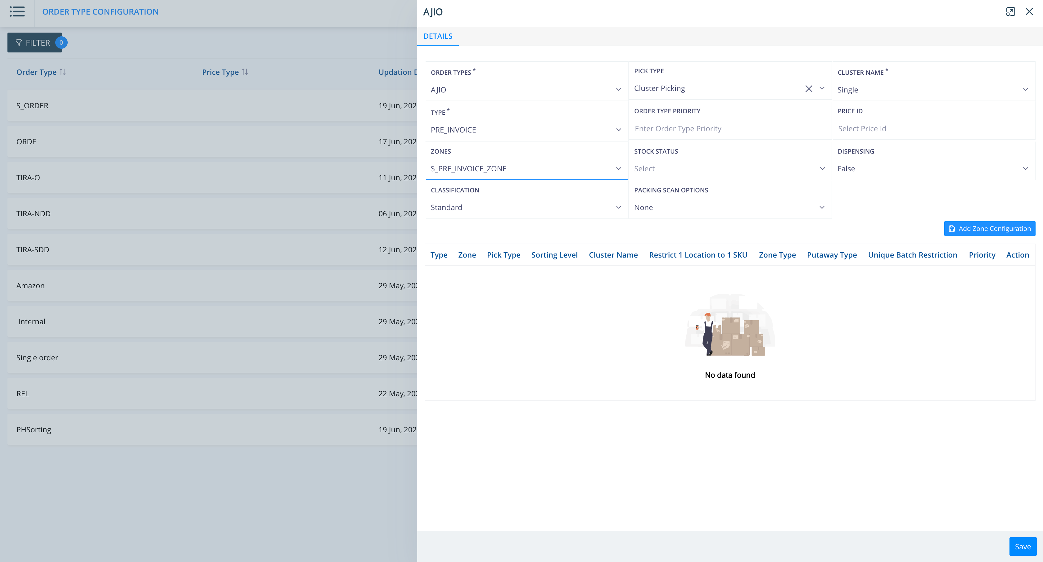 Step #9: Click on "Add Zone Configuration" to add this mapping to the list under this Order type.