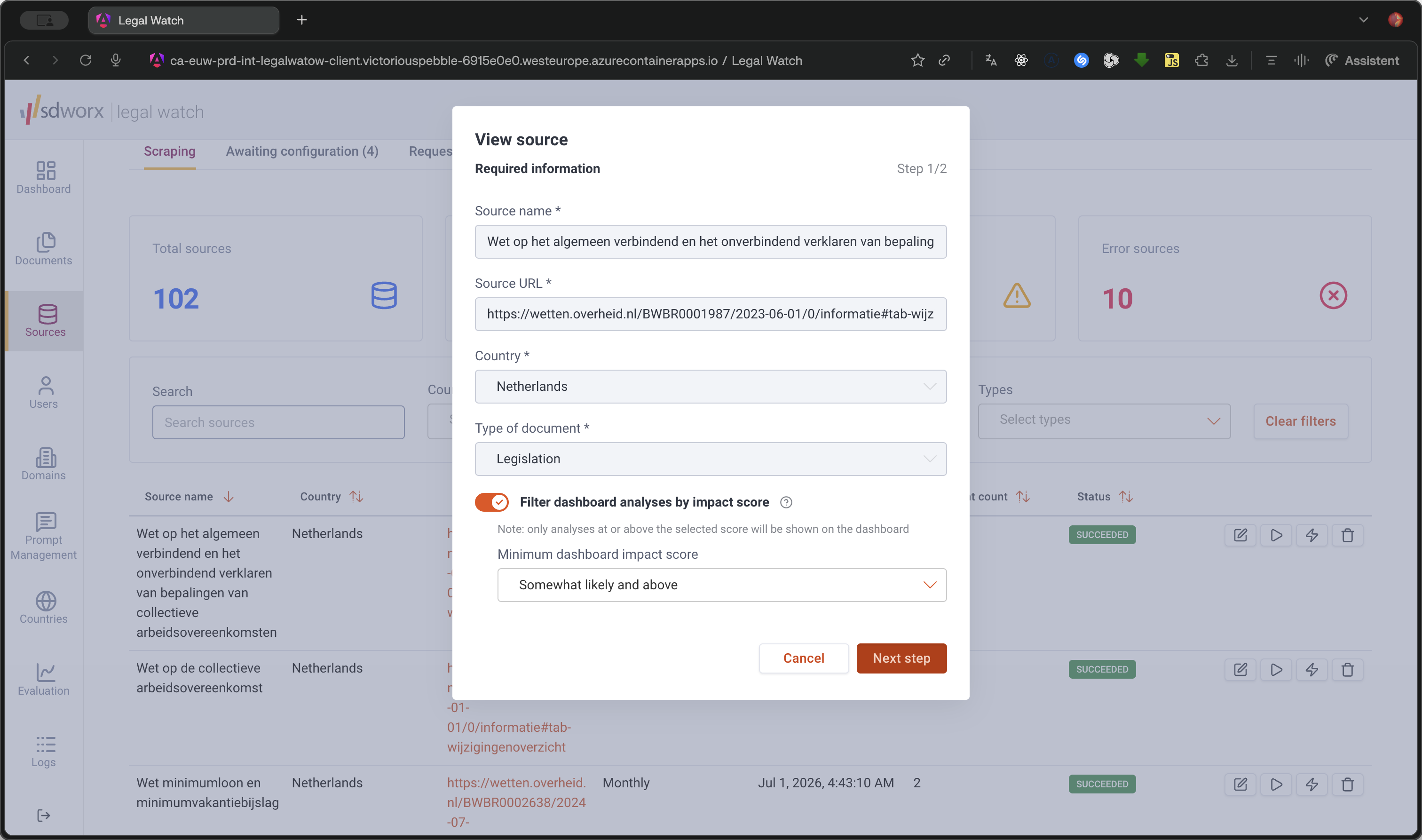 Step #10: Modify minor parameters, such as the Filter dashboard analyses by impact score setting, then click Next step to save.