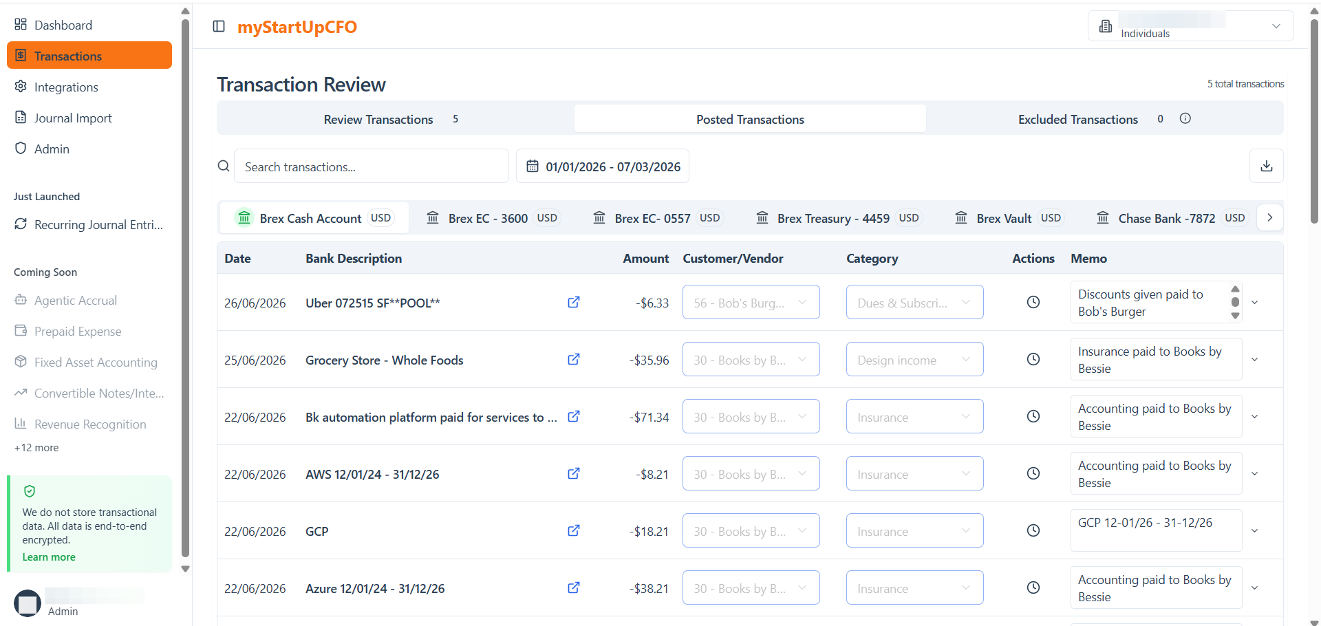Step #2: The Posted Transactions list will display all transactions that fall within the selected date range.