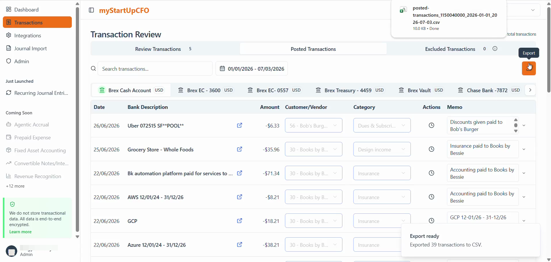 Step #4: Click the downloaded posted-transactions CSV file from your browser's download notification to open and review the exported transaction data.