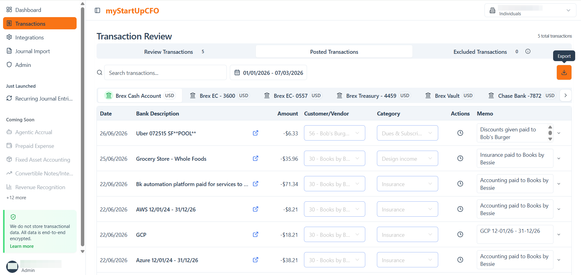 Step #3: Click Export to CSV in the top-right corner of the transaction table to export the displayed posted transactions.