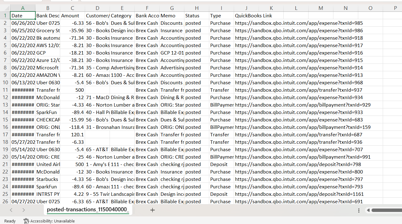 Step #5: The downloaded CSV file contains the posted transactions from the selected date range.