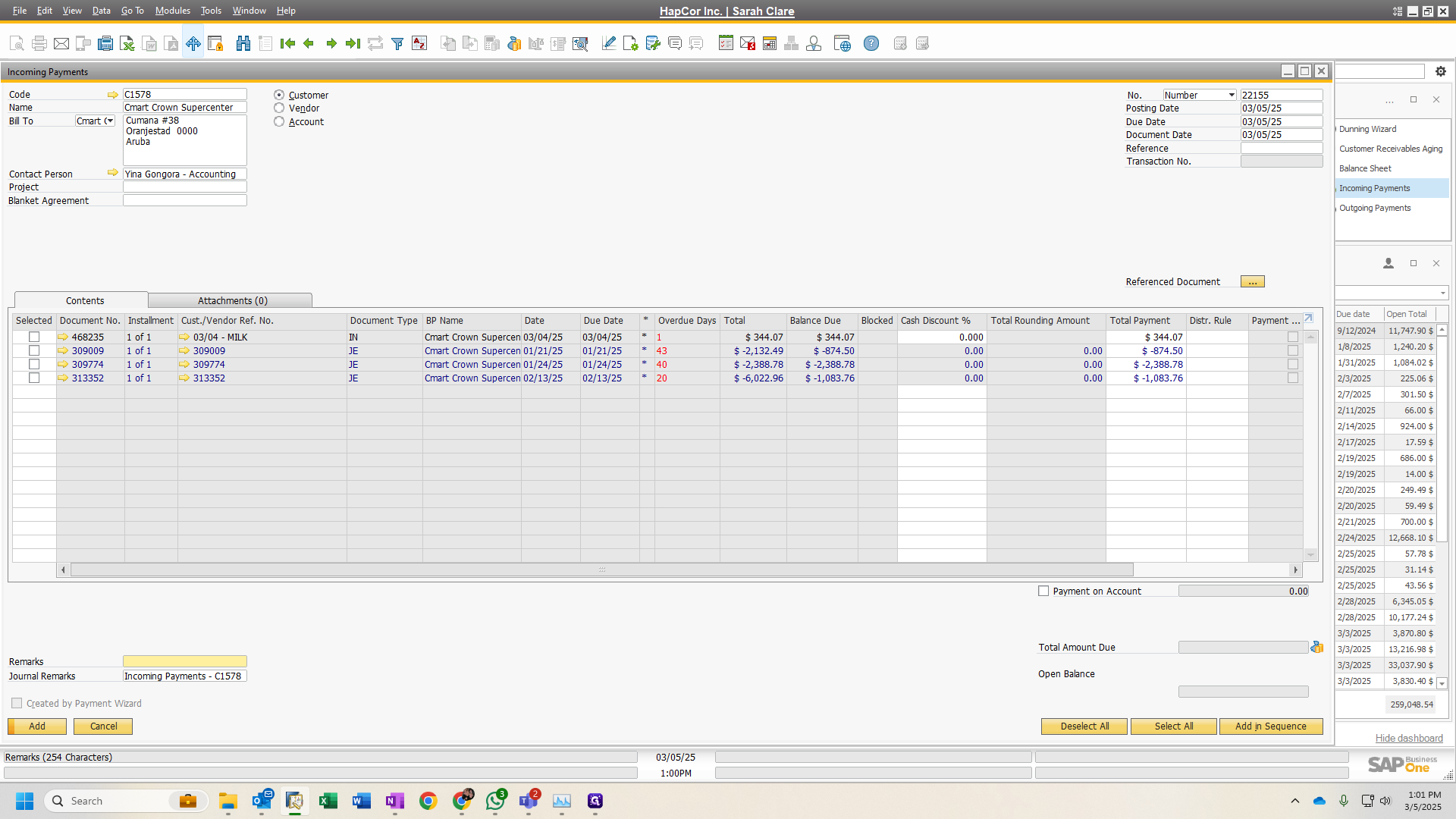 Step #30: Paste the customer payment notes into Remarks on bottom