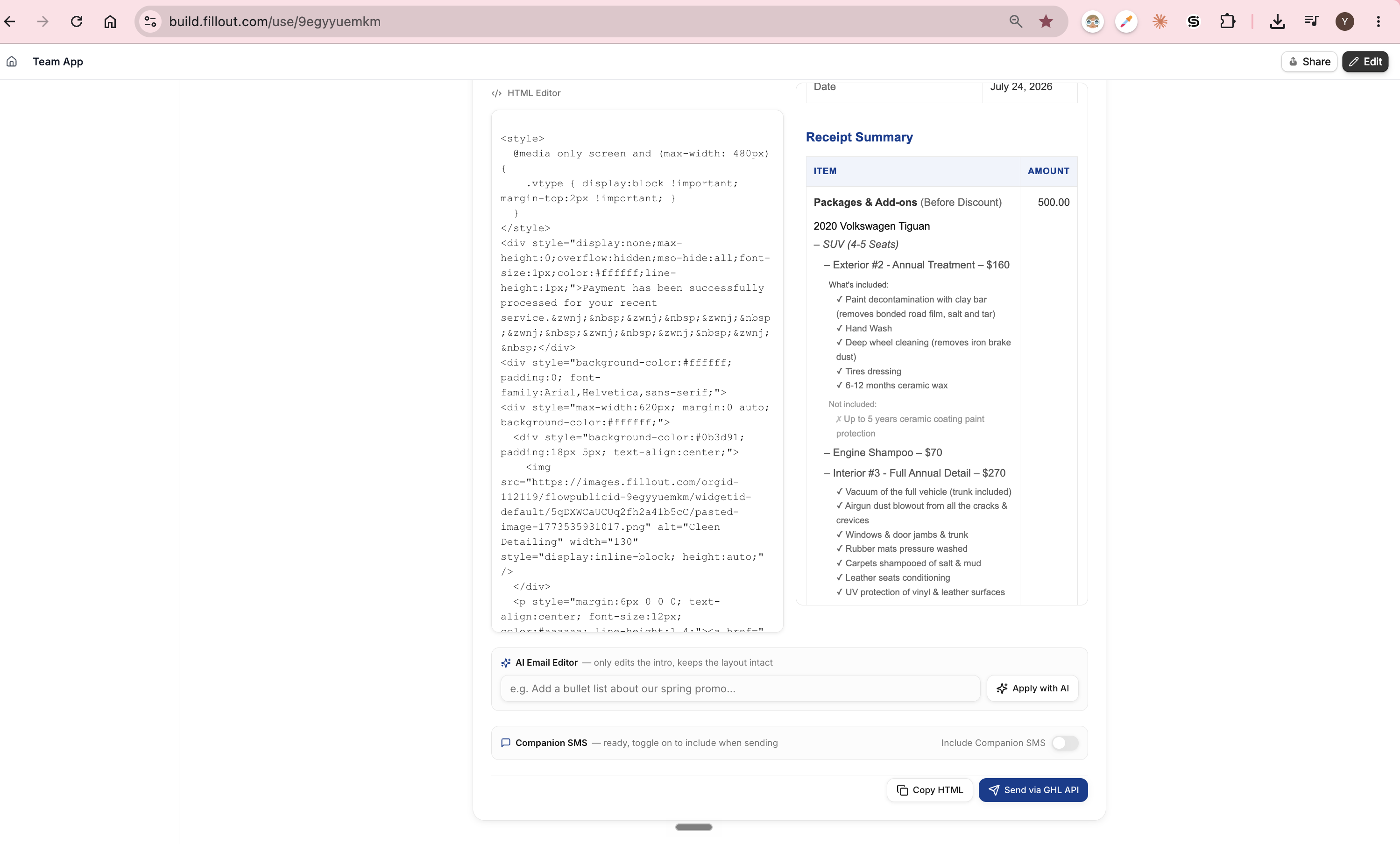 Step #22: Click Send via GHL API to dispatch the official email receipt to the customer's inbox.