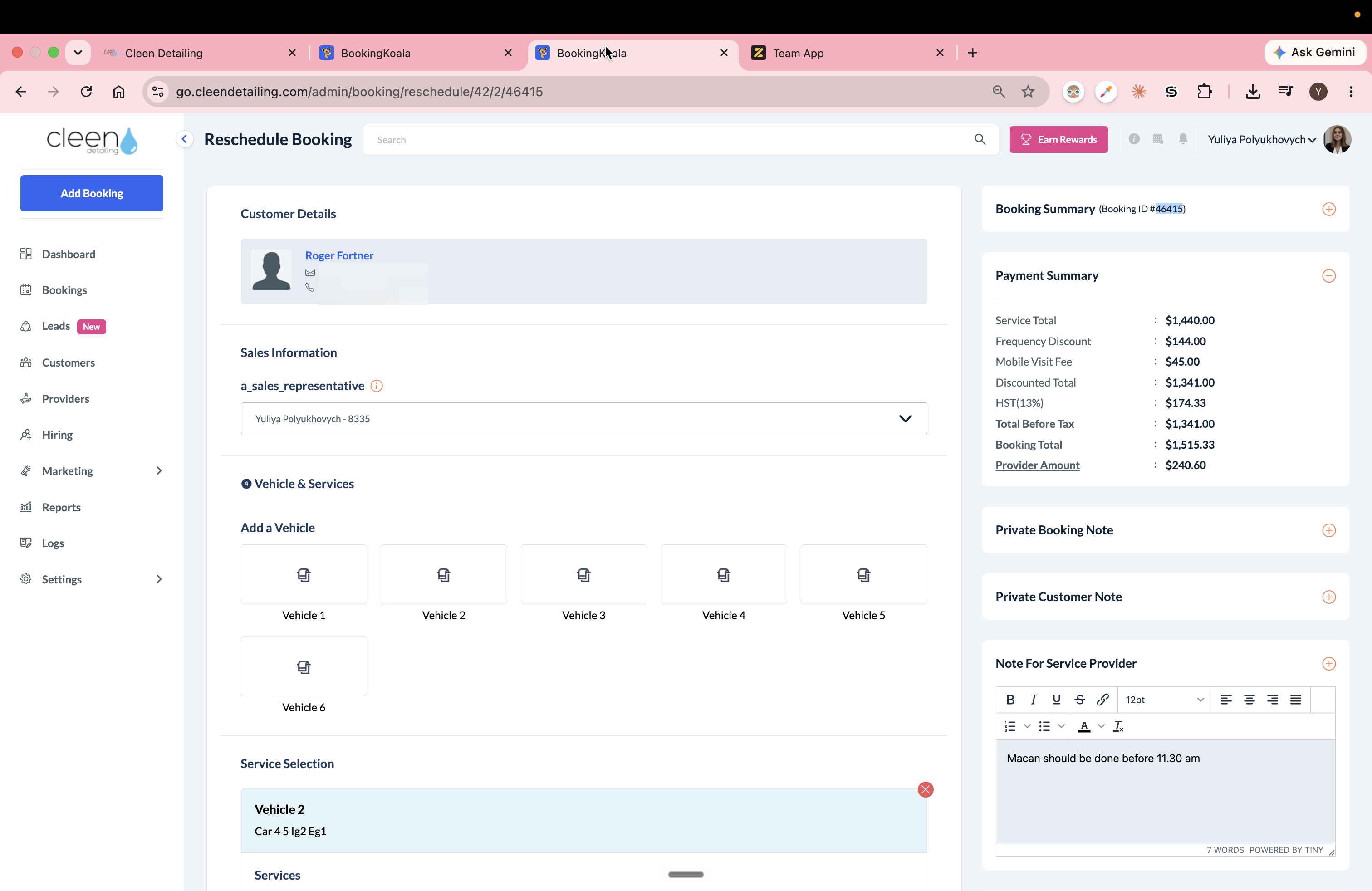 Step #18: Return to the BookingKoala dashboard and click on the customer's name.