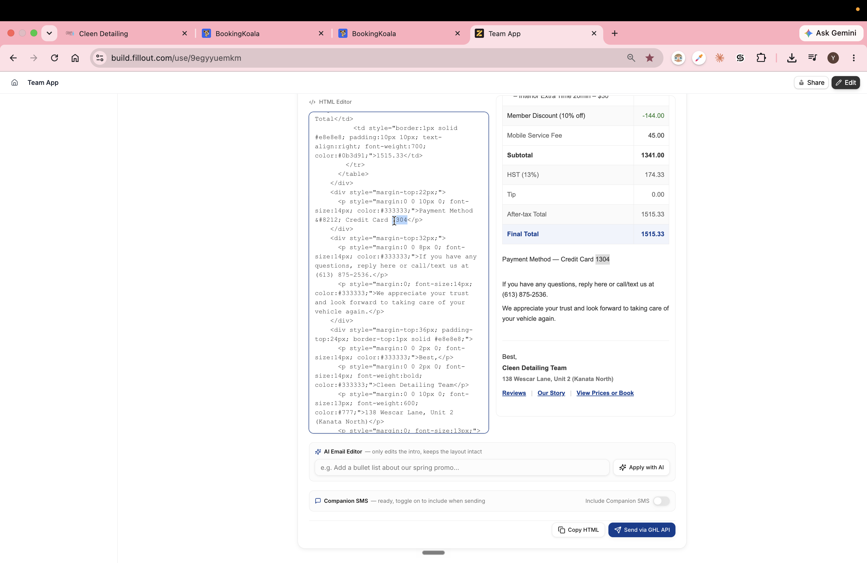 Step #17: If the digits are incorrect, manually update the numbers in the HTML editor panel so the receipt reflects the correct payment method.