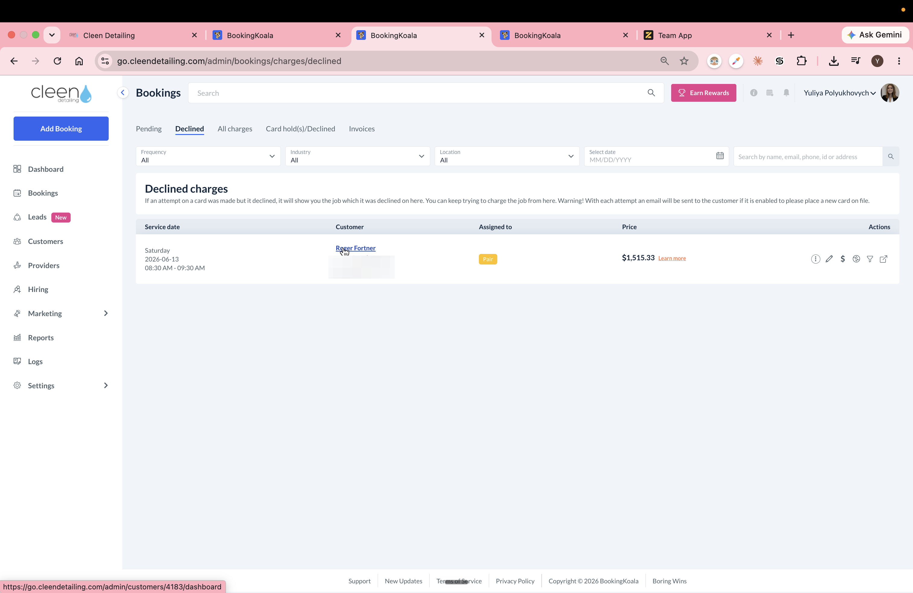 Step #3: Click on the customer's name in the declined payments table.