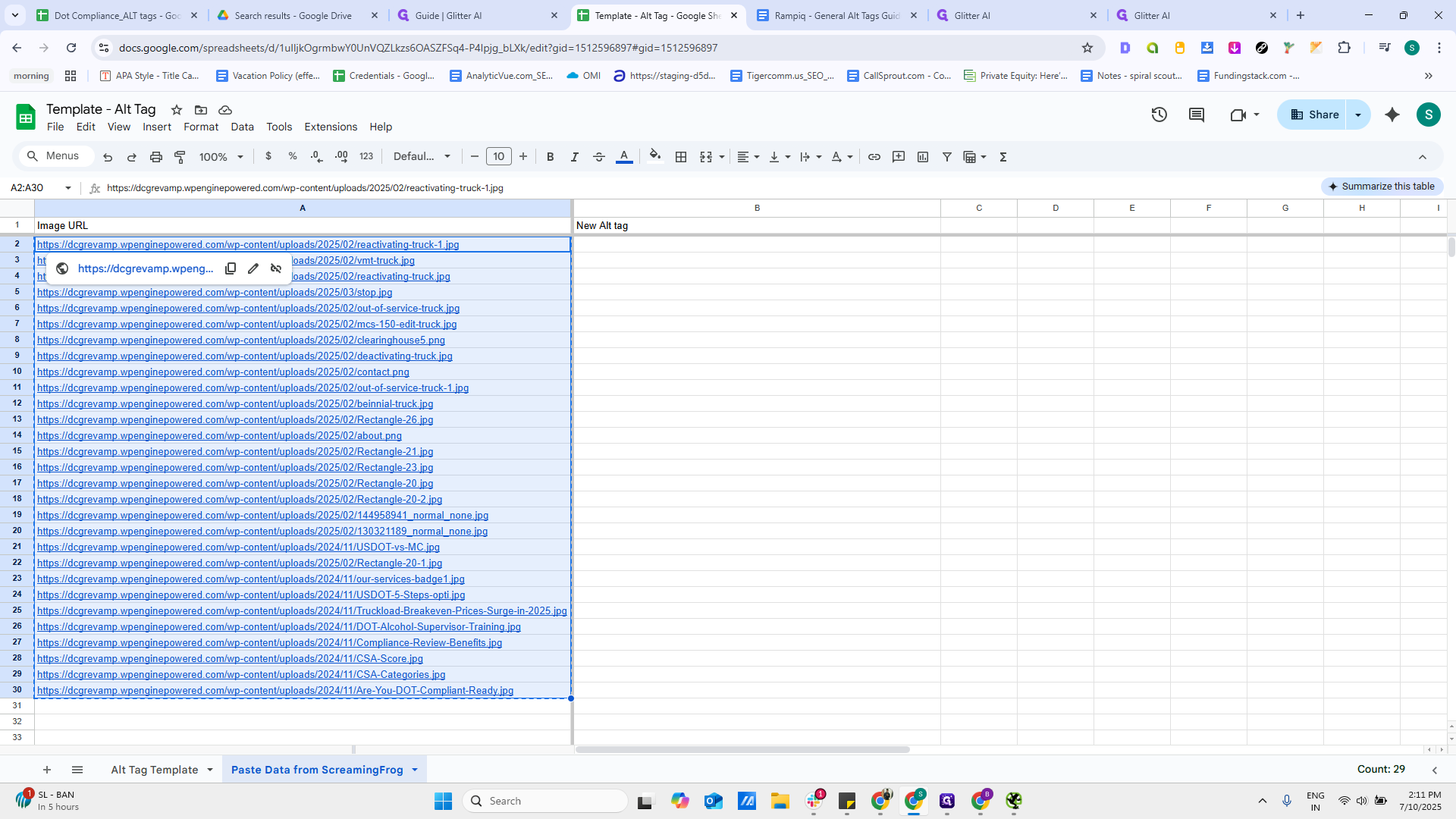Step #40: Paste URL in sheet in tab "Paste Data from ScreamingFrog"