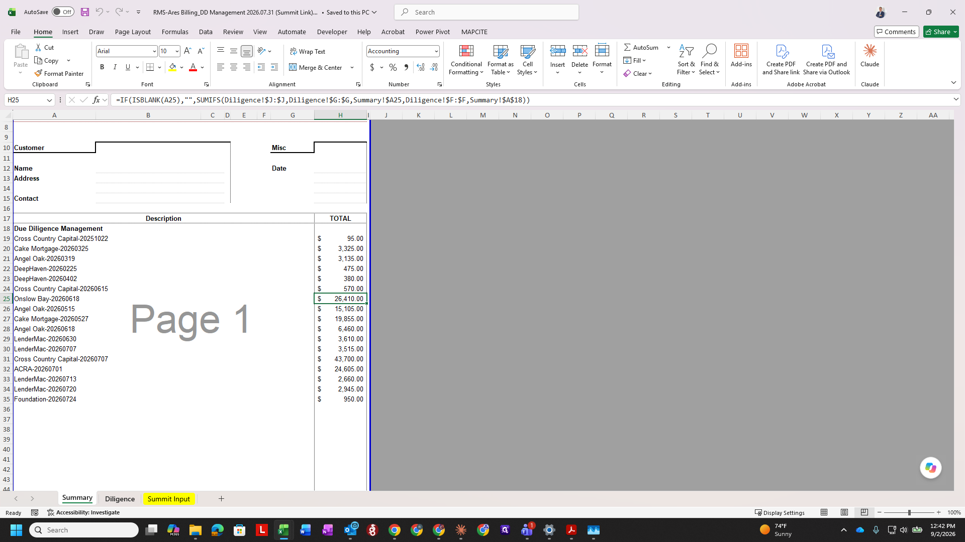 Step #2: Click on the Diligence worksheet tab to review aggregated data formulas.