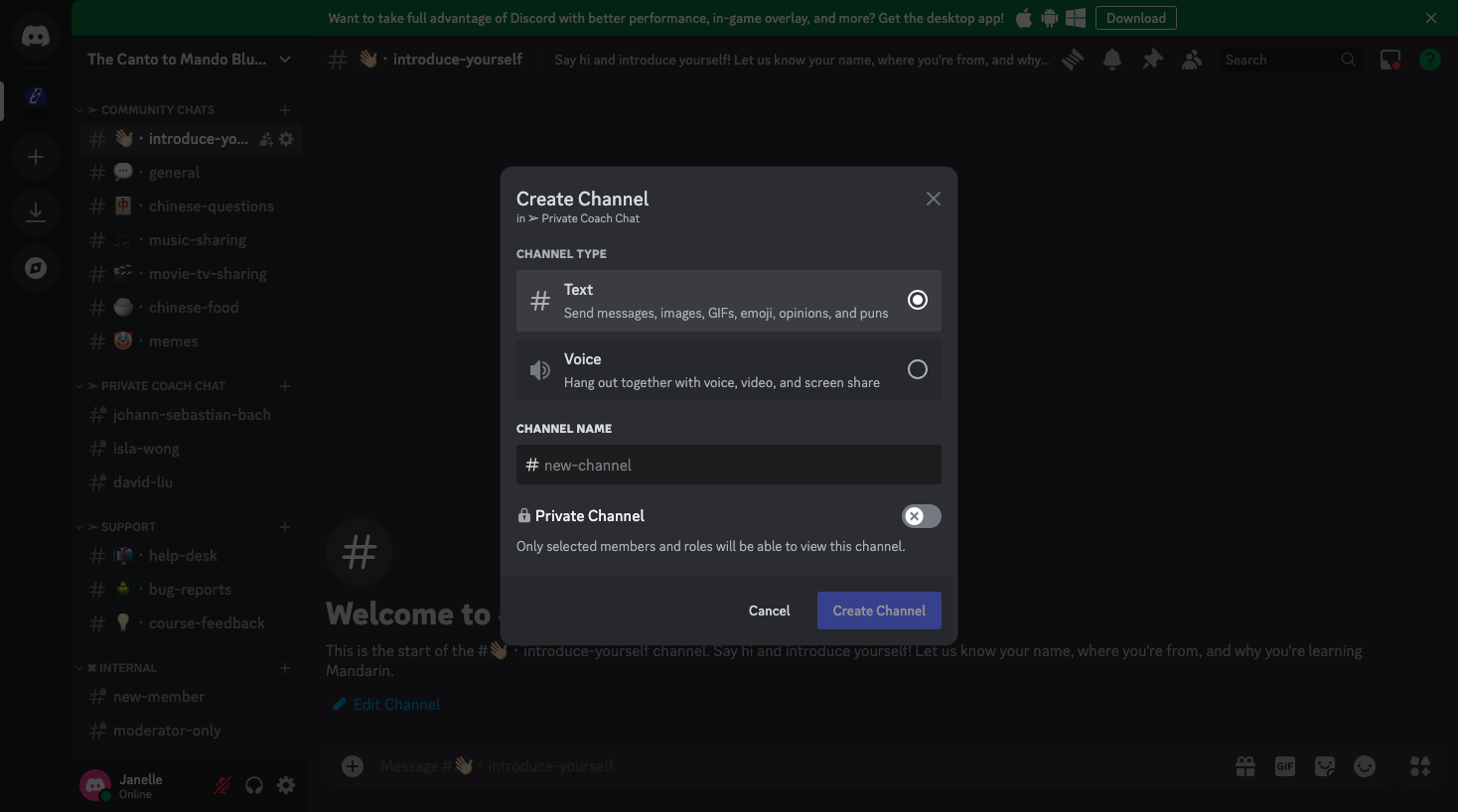 Step #10: Select "Text Channel," then enter the student's full name as the channel name (spaces will automatically turn into hyphens in channel names, and there will be no capital letters).
