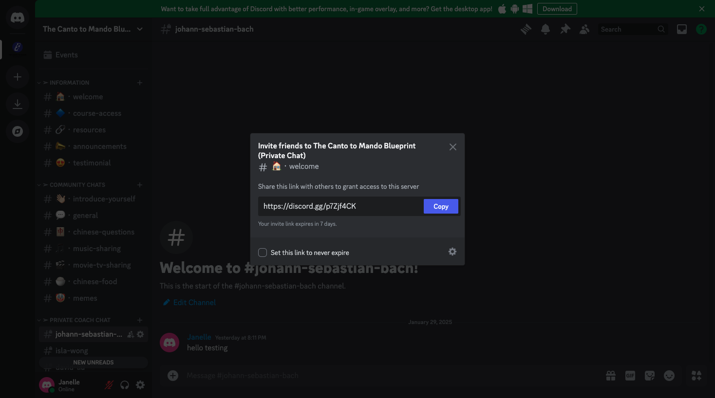 Step #4: By default, the invitation expires in seven days. However, you should set it to never expire.