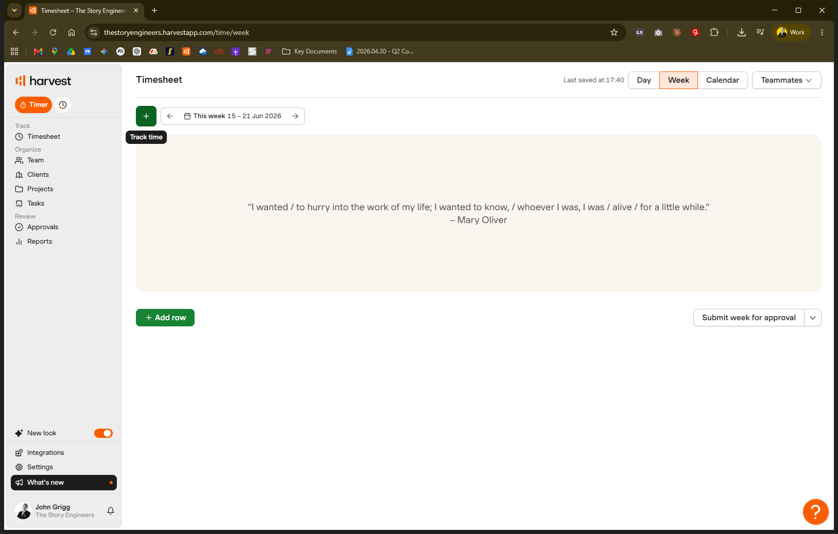 Step #1: Click the green + icon to add a new row to your timesheet.