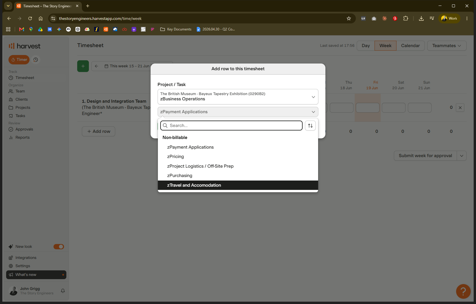 Step #10: Select the specific operational task you performed, such as zTravel and Accomodation, and save the row.