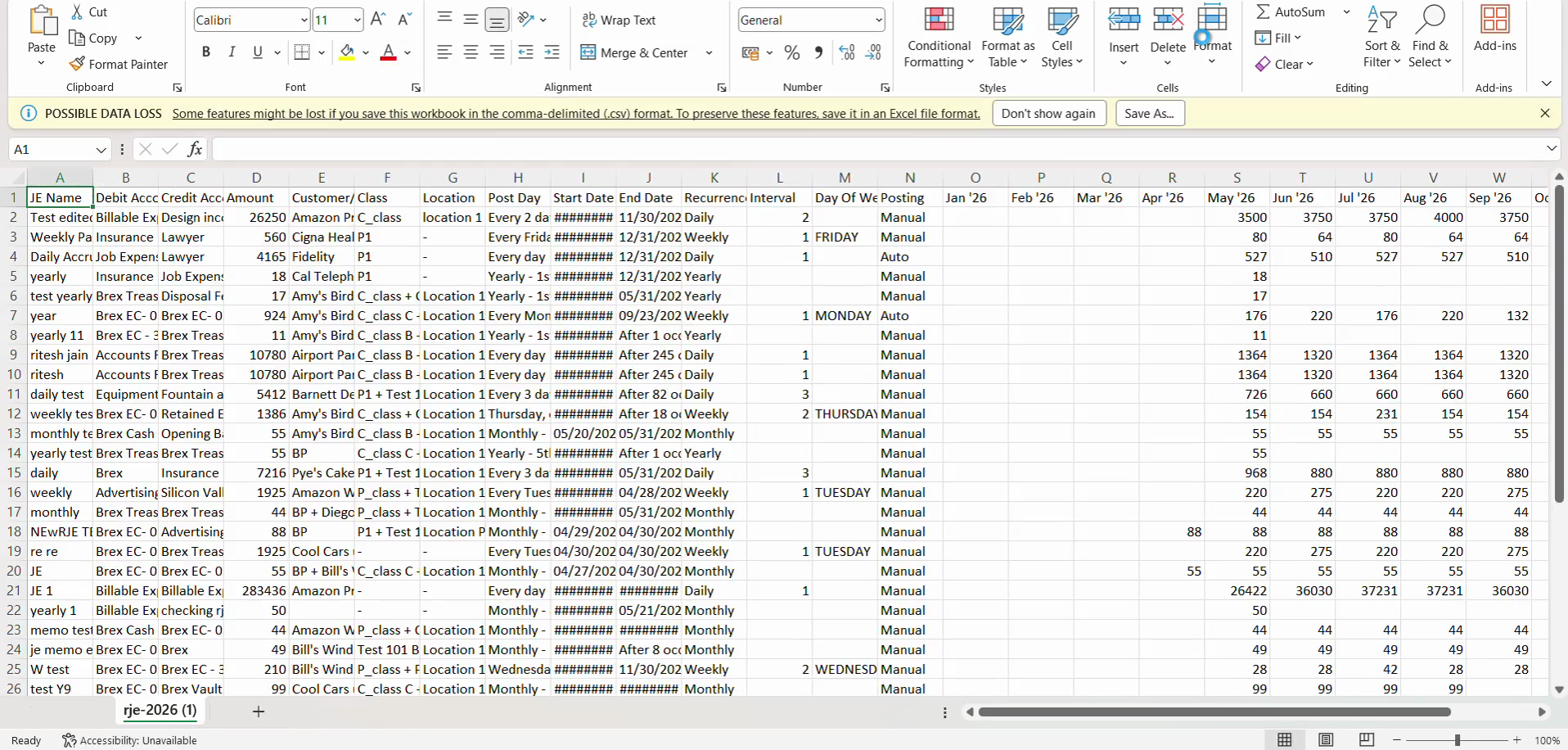 Step #3: Review the exported CSV file to access and analyze the Recurring Journal Entry details outside the application.