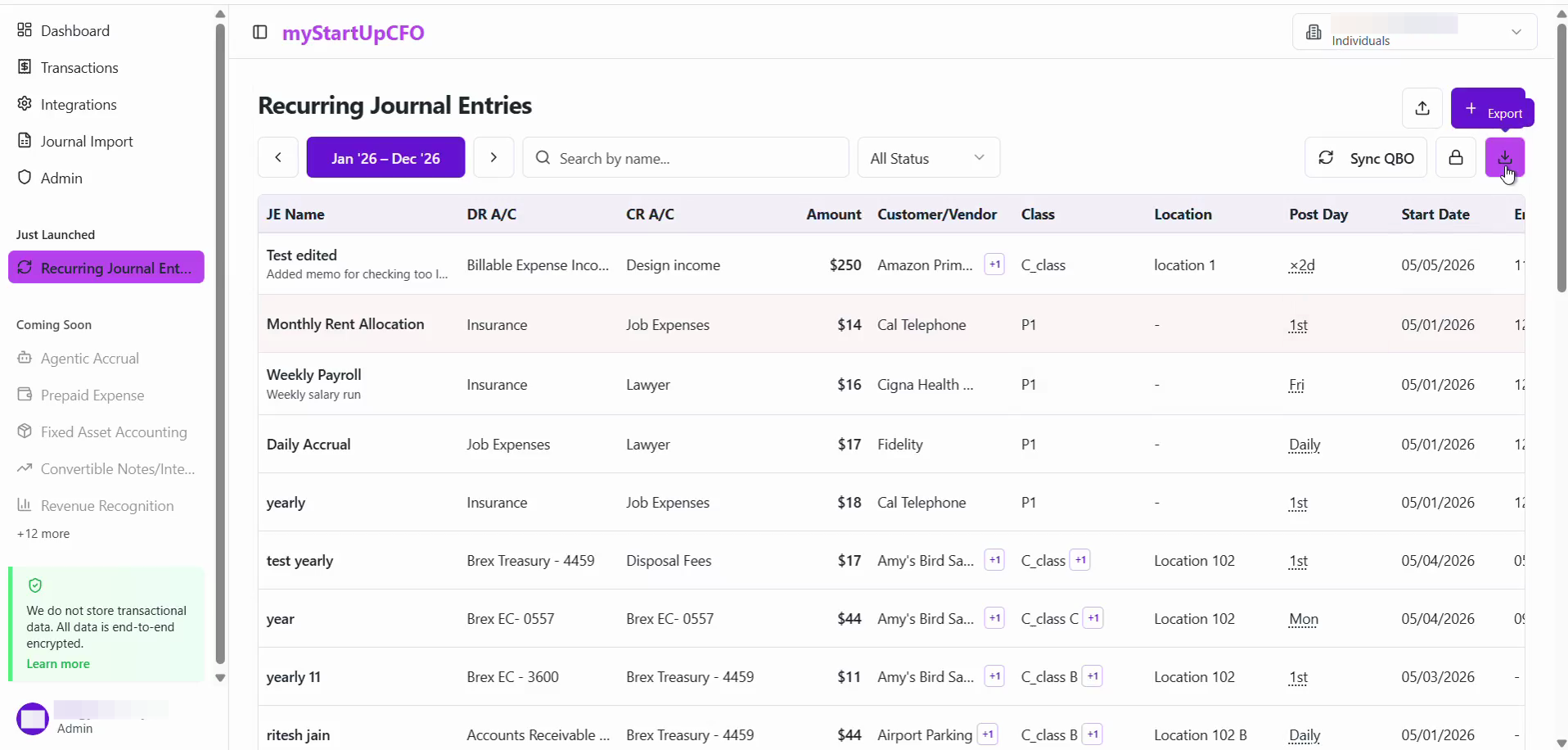 Step #2: Click the Download icon in the top right corner of the Recurring Journal Entries table to initiate the export.
