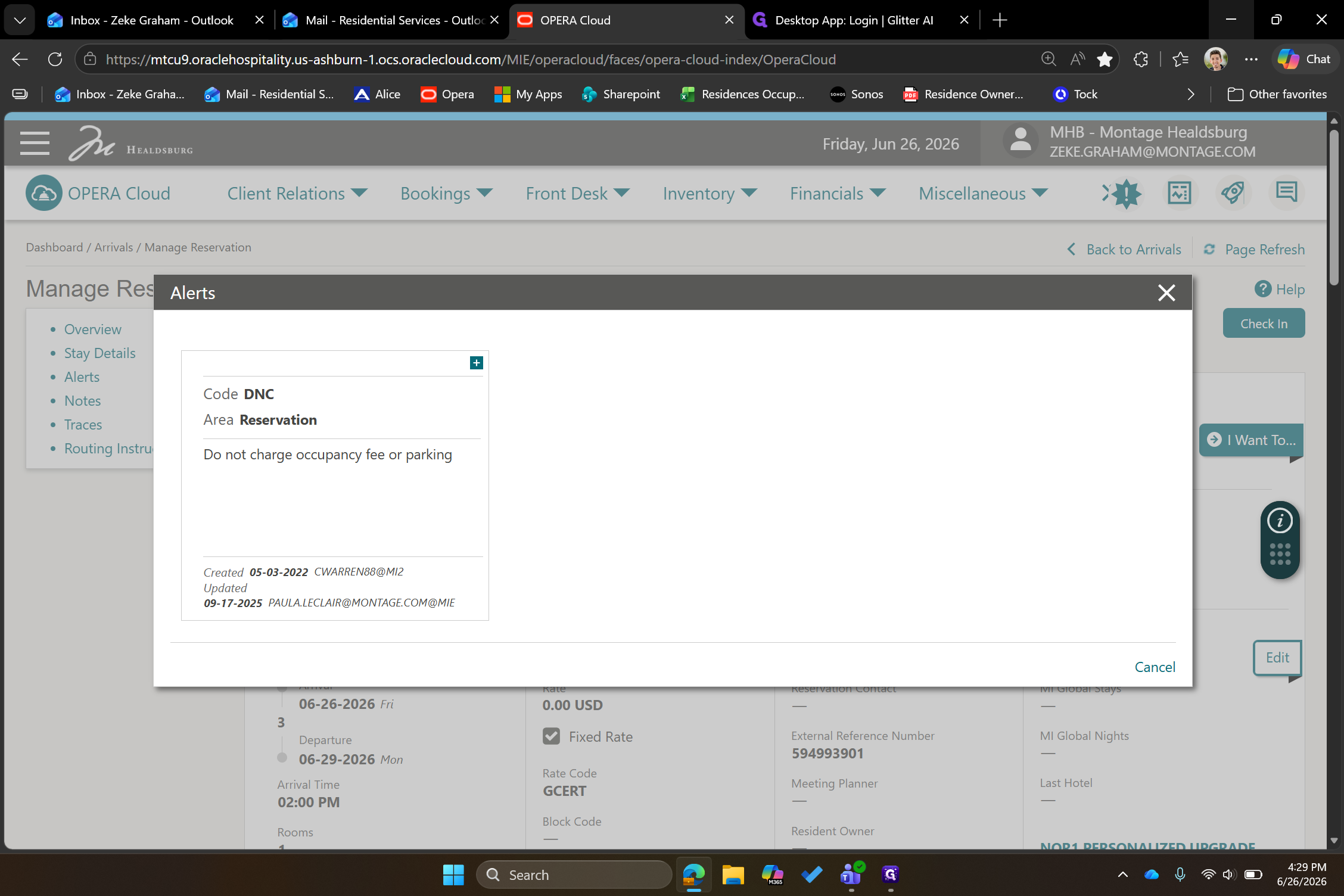 Step #4: Review the Alerts pop-up window to read the instructions, such as Do Not Charge (DNC) details for parking or occupancy fees.