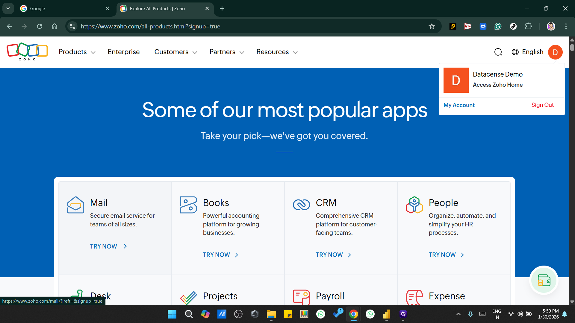 Step #8: Once Account created open Zoho mail Click on "TRY NOW >"