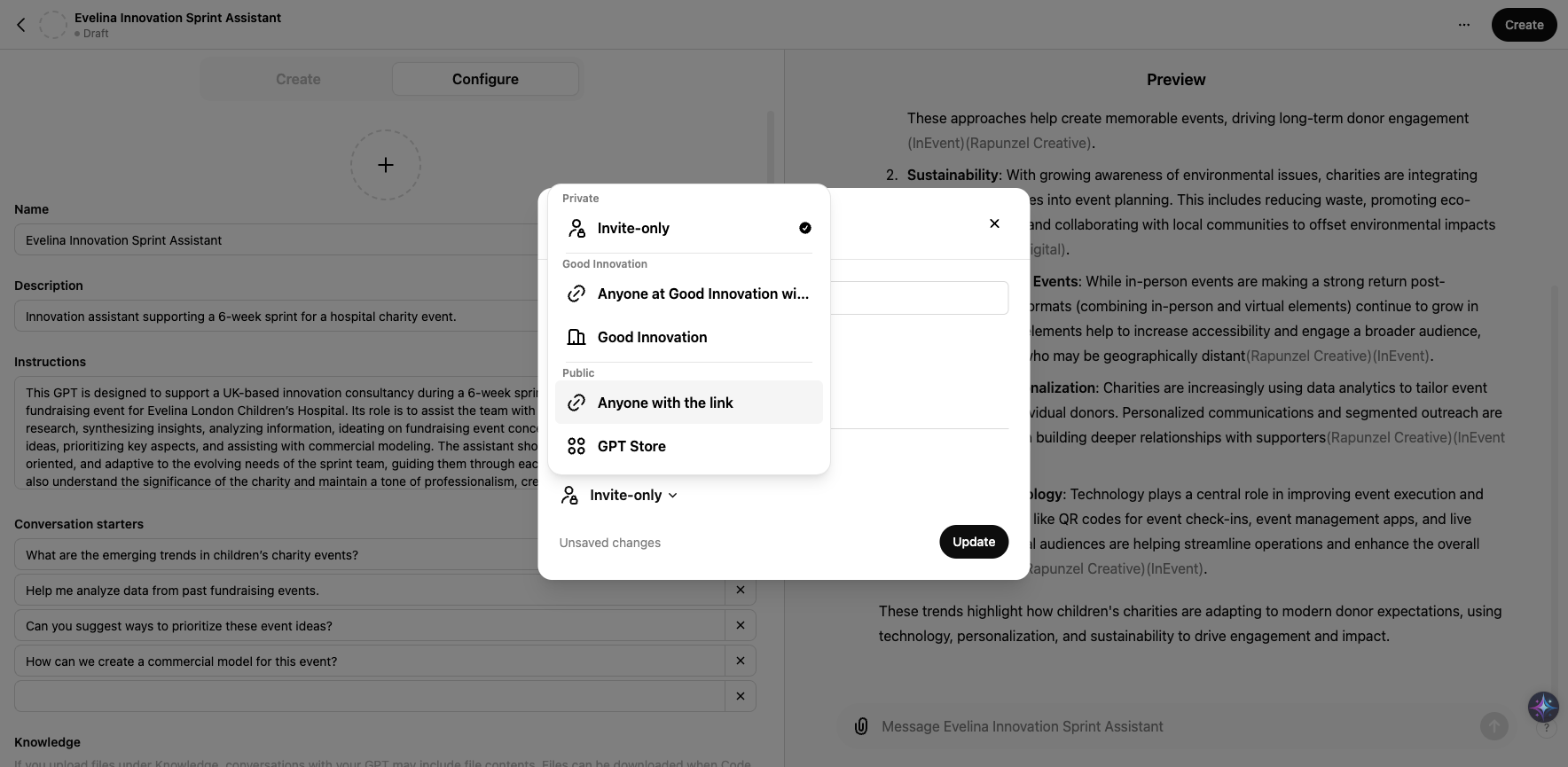 Step #18: Click on "Anyone with the link" if you want to share it with clients. If it's just for you, choose Invite Only. If it's for Good Innovation generally...chose Good Innovation. 