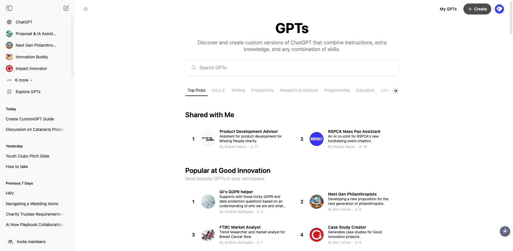 Step #3: On this screen you can see a bunch of our Good Innovation CustomGPTs. To carry on and create your own, click on "+ Create" in the top right of your screen. 