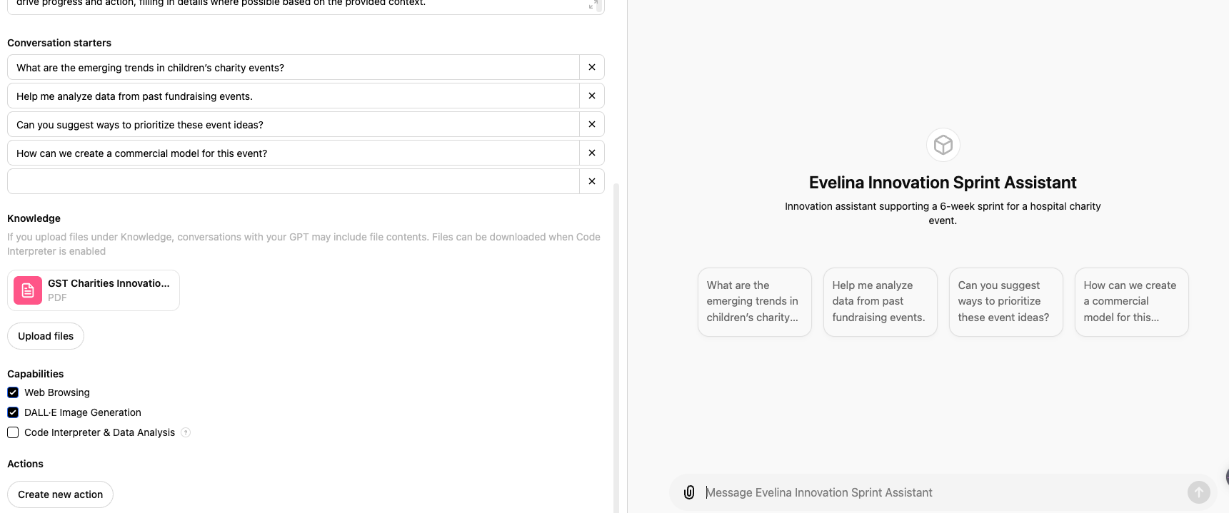 Step #16: Check over the settings and make any amends. Then scroll down to the bottom to upload files to your CustomGPTs Knowledge. You can upload up to 20 documents. Think of this section as what knowledge you want to 'train' your CustomGPT with. It could be insight, strategy documents, examples of great fundraising ideas, anything relevant to help it do its job better. If someone has created a similar CustomGPT, check with them if they have any useful information you can re-use for yours. 