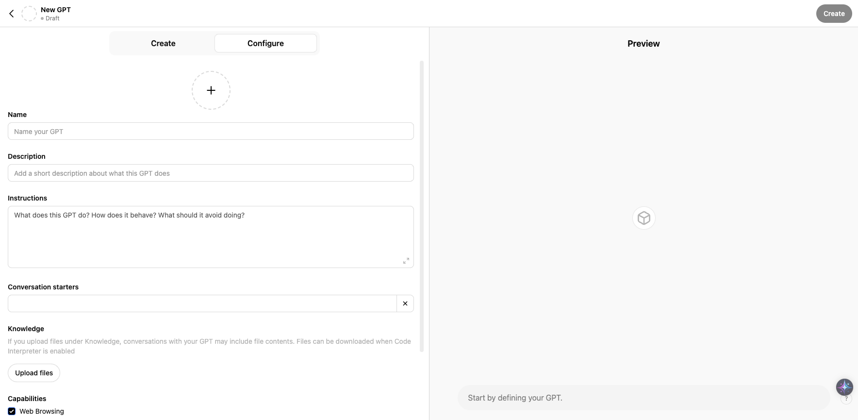 Step #4: Good stuff! Now you've got a couple of options: stay in 'Configure' to manually create your CustomGPT, or click "Create" to get ChatGPT to help you build your CustomGPT. I'd recommend the latter, especially if this is your first one. 