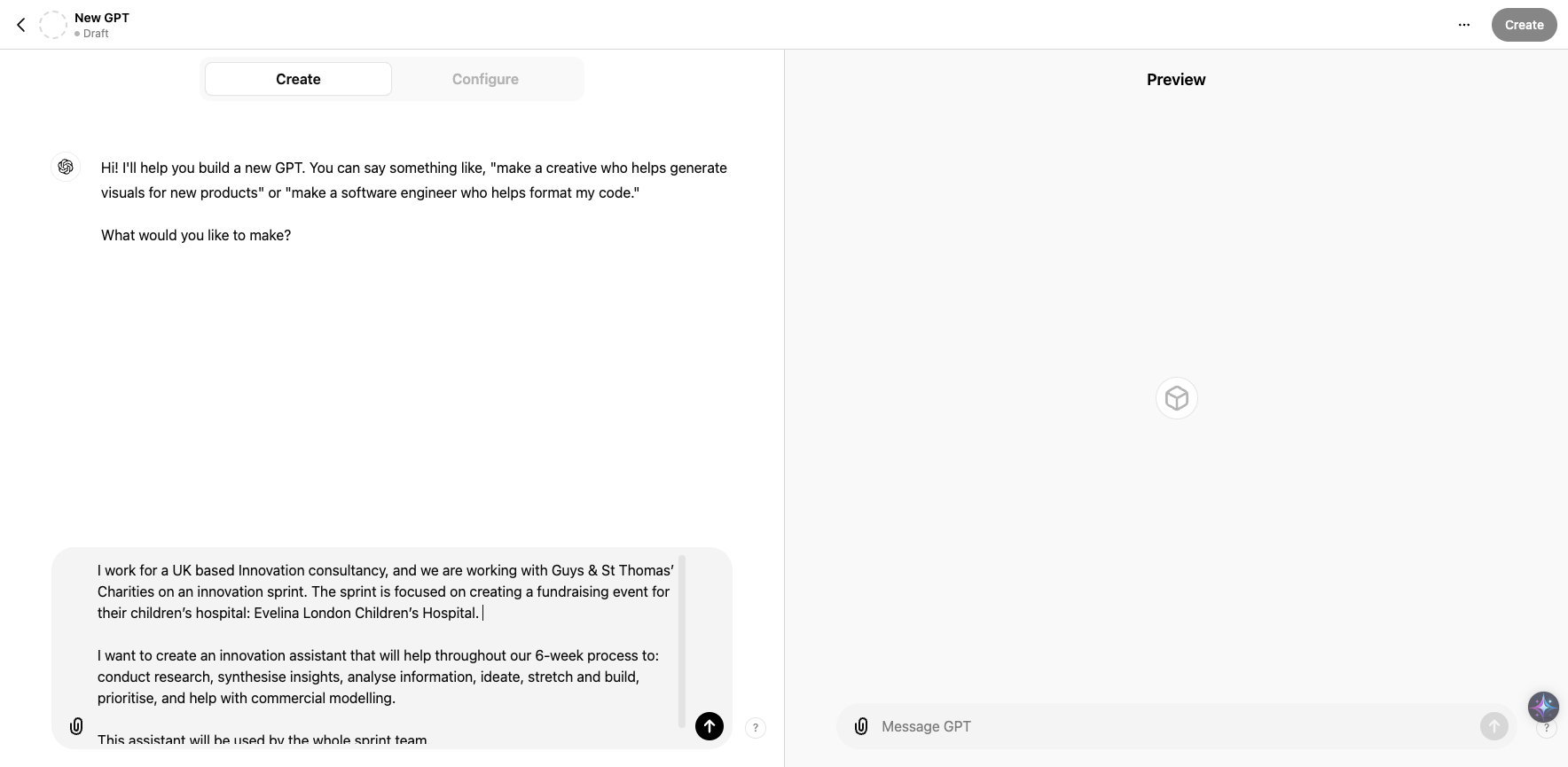 Step #6: Write a message that tells ChatGPT the kind of CustomGPT you want to create