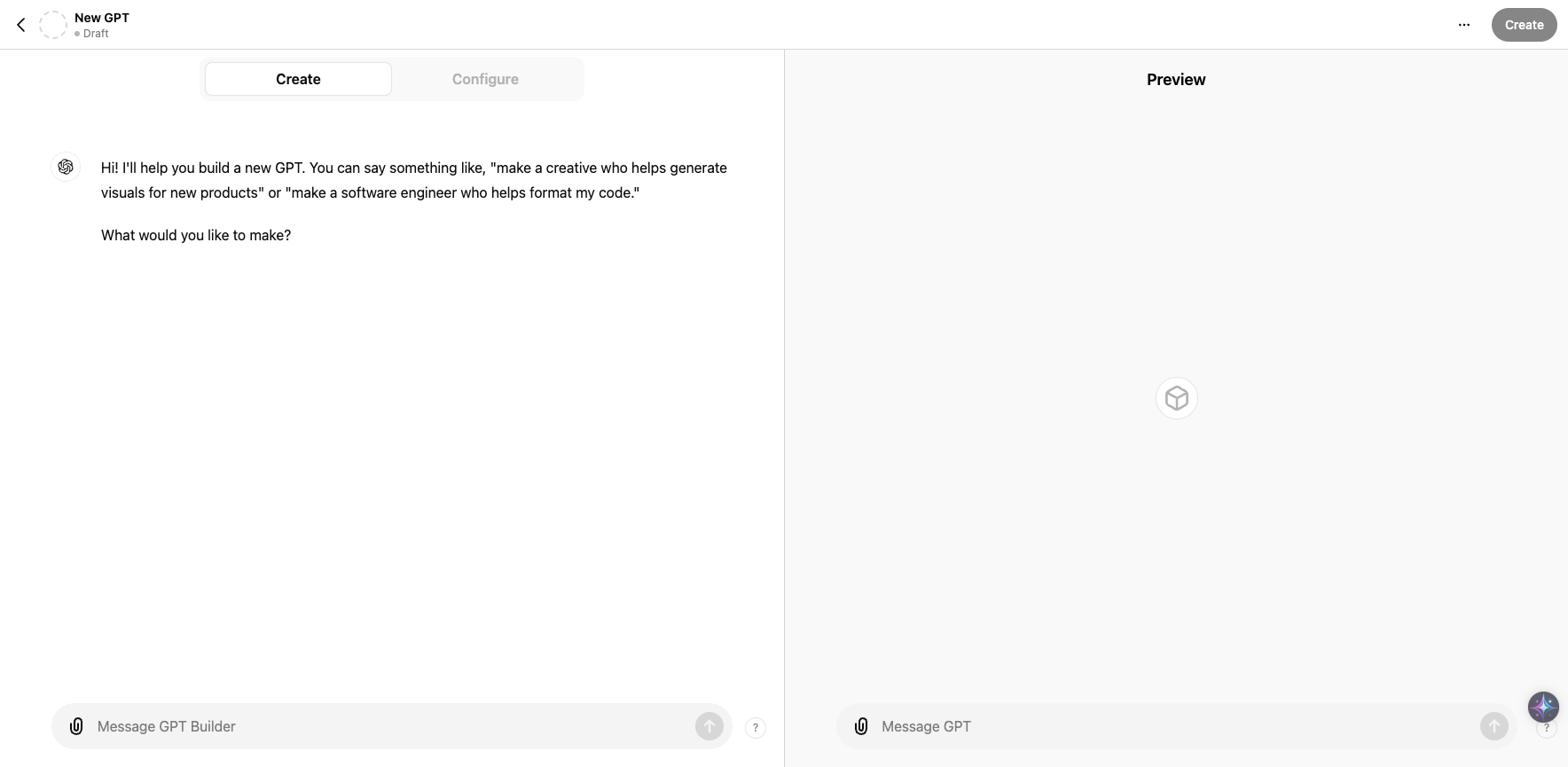Step #5: Now we're in 'Create', click "Message GPT Builder" to get going