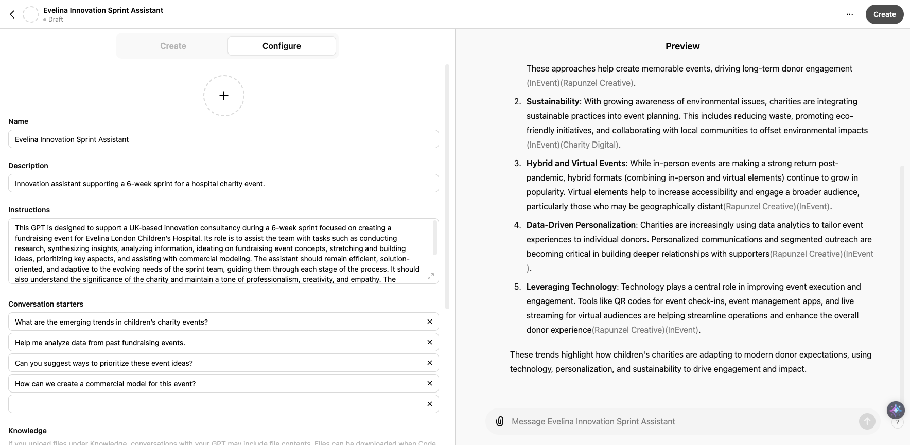 Step #17: You can preview your CustomGPT to the right, and have a play around whilst adjusting settings to see what it does. When you're happy, click on "Create" in the top right. 