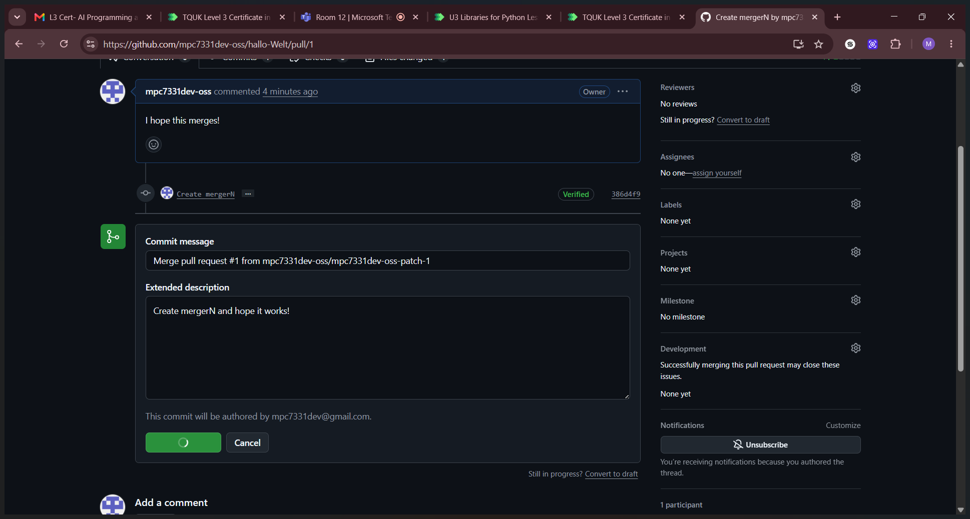 Step #6: Click Confirm merge to finalize the integration.