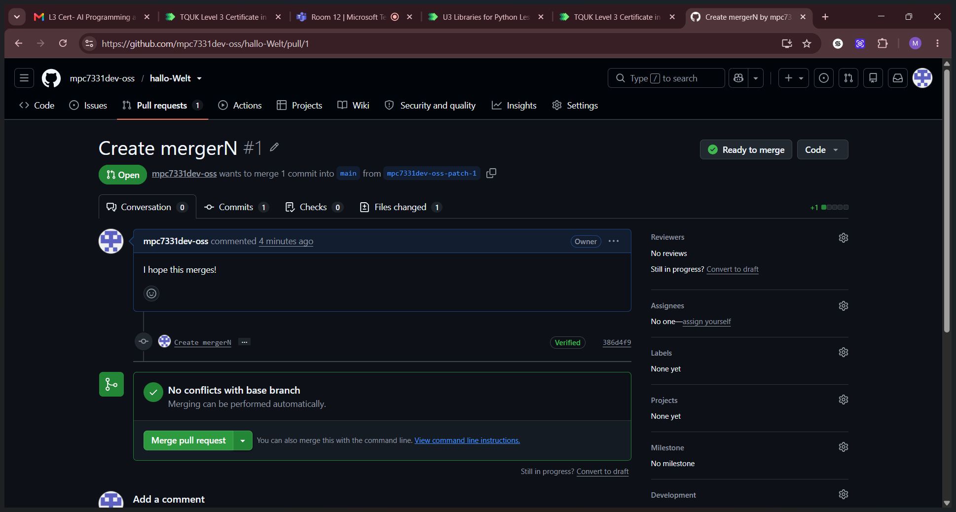 Step #4: Click the green Merge pull request button at the bottom of the page.