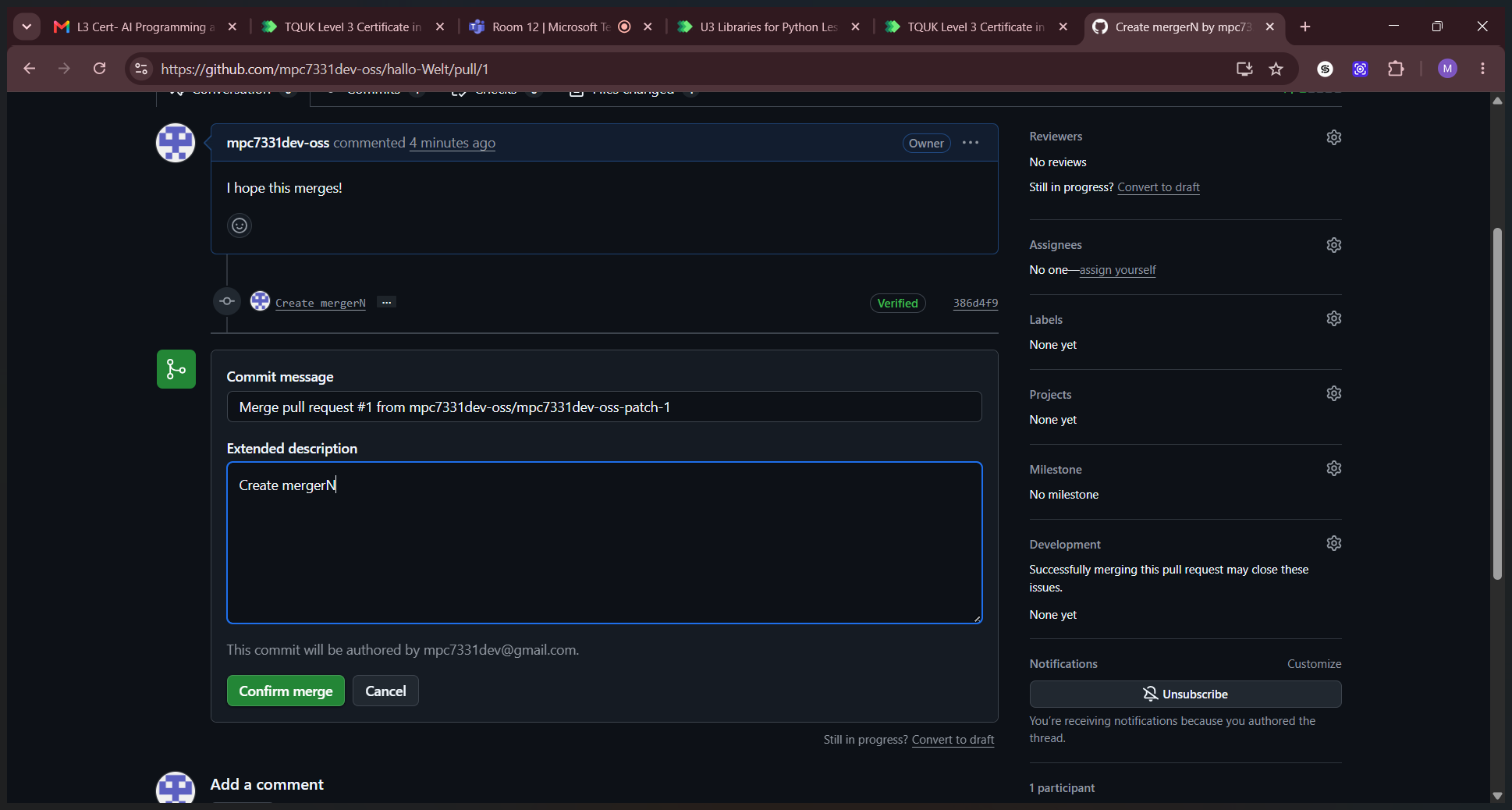 Step #5: Click inside the extended description text box to provide a sensible commit message detailing the changes.