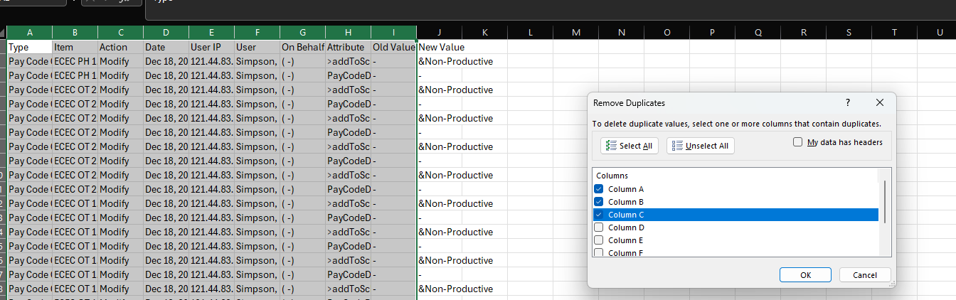 Step #30: Use Remove Duplicates on the first three columns