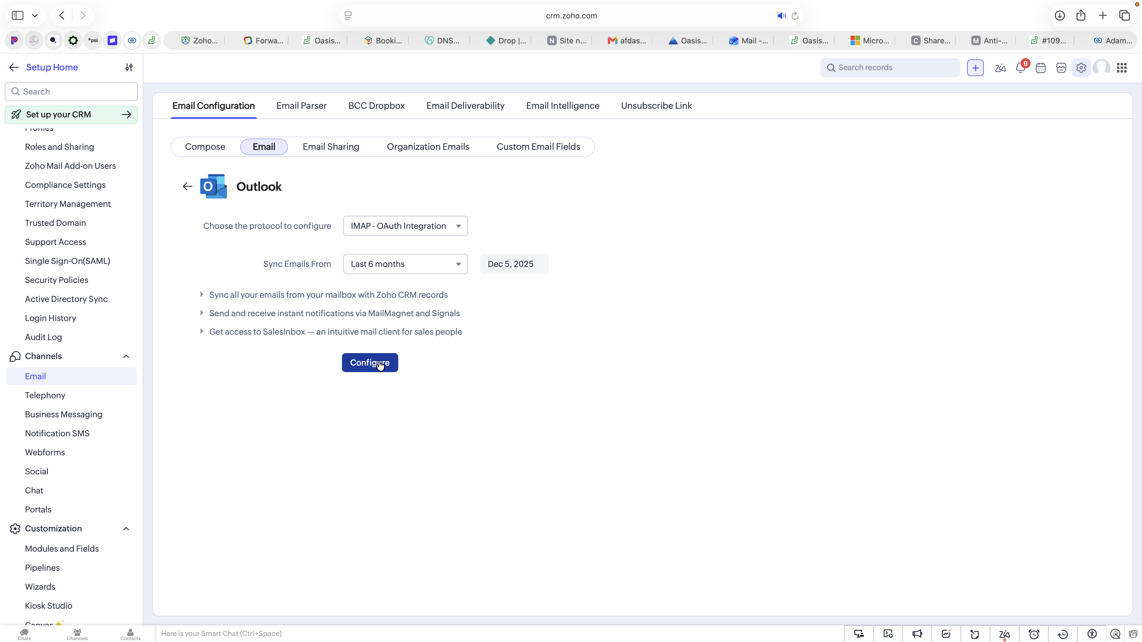 Step #6: Click Configure to initiate the IMAP integration.