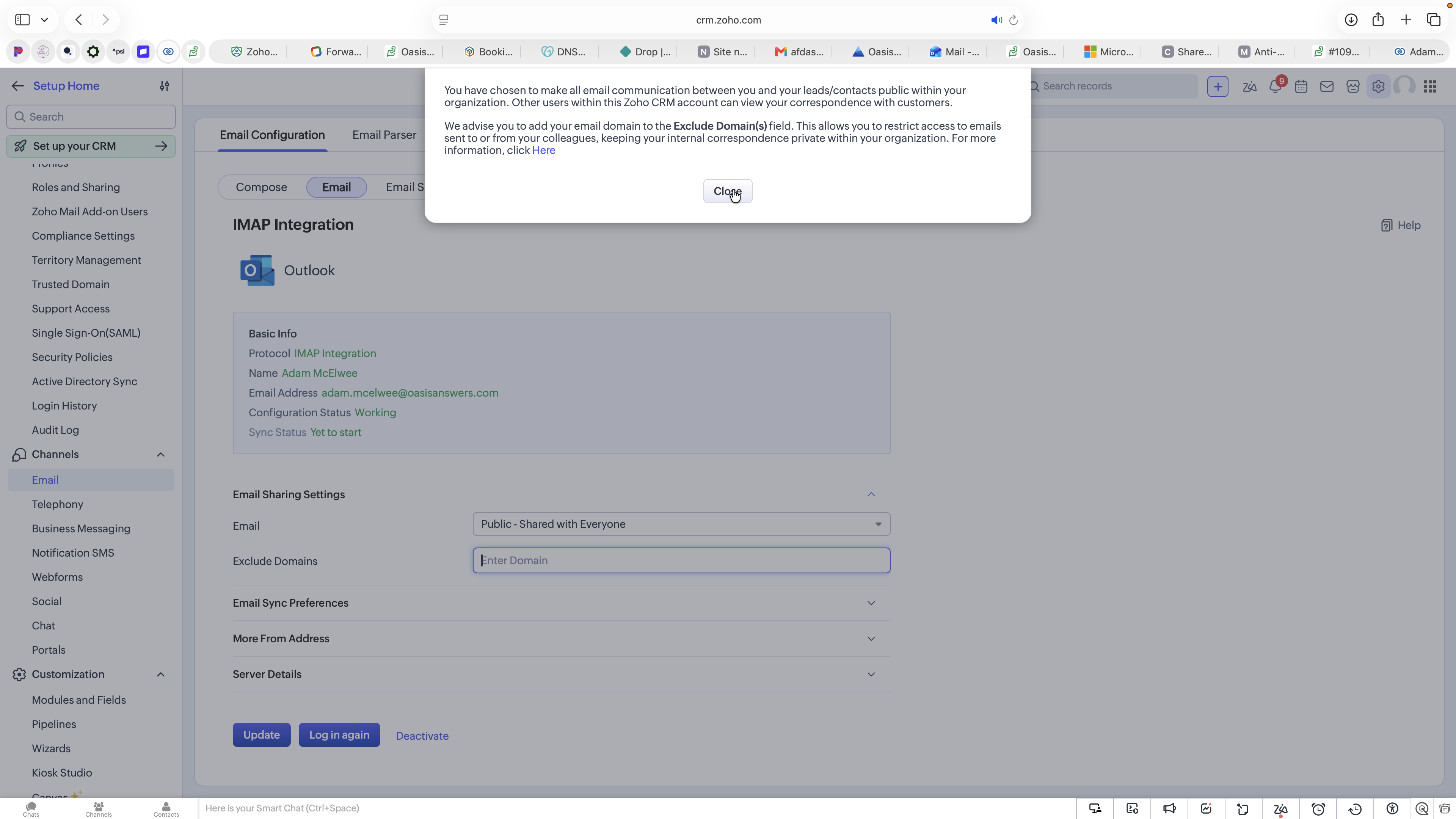 Step #11: Click Close to dismiss the notification reminding you to add internal domains to your exclude list.