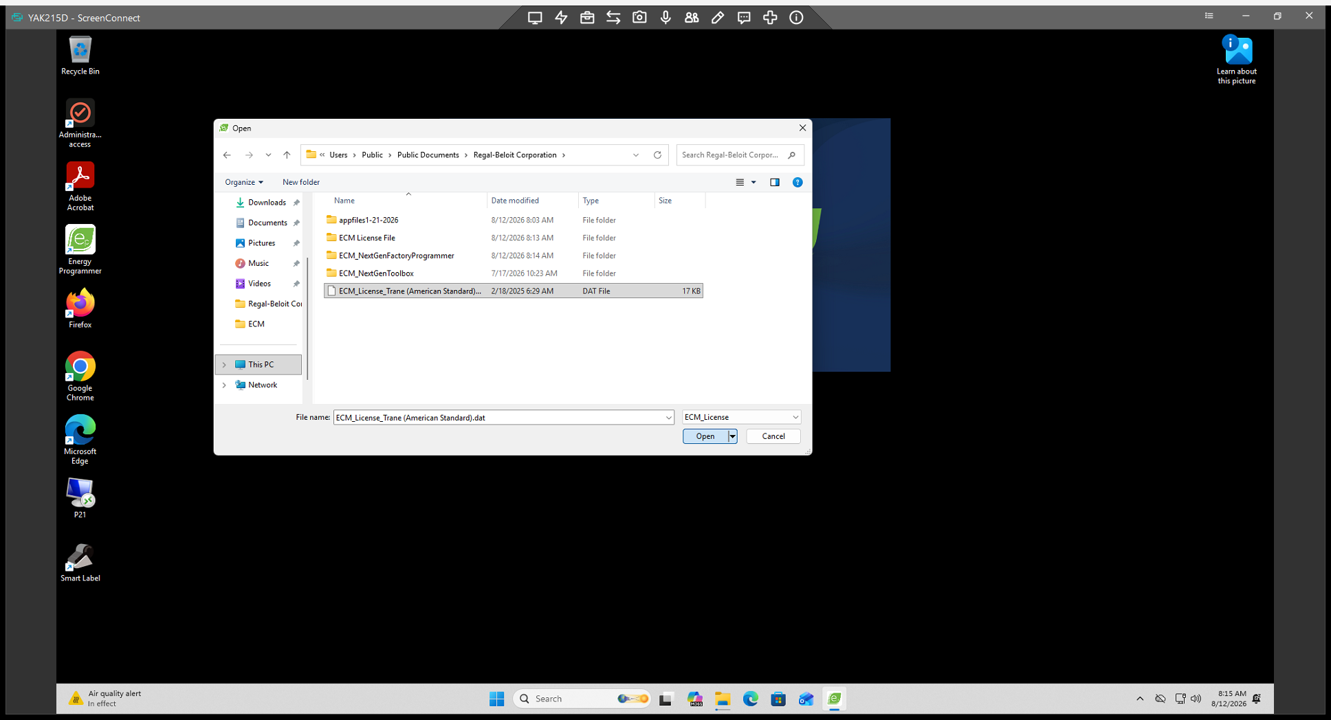 Step #3: Navigate to your license folder, select the .dat license file (e.g., ECM_License_Trane (American Standard).dat), and click Open.