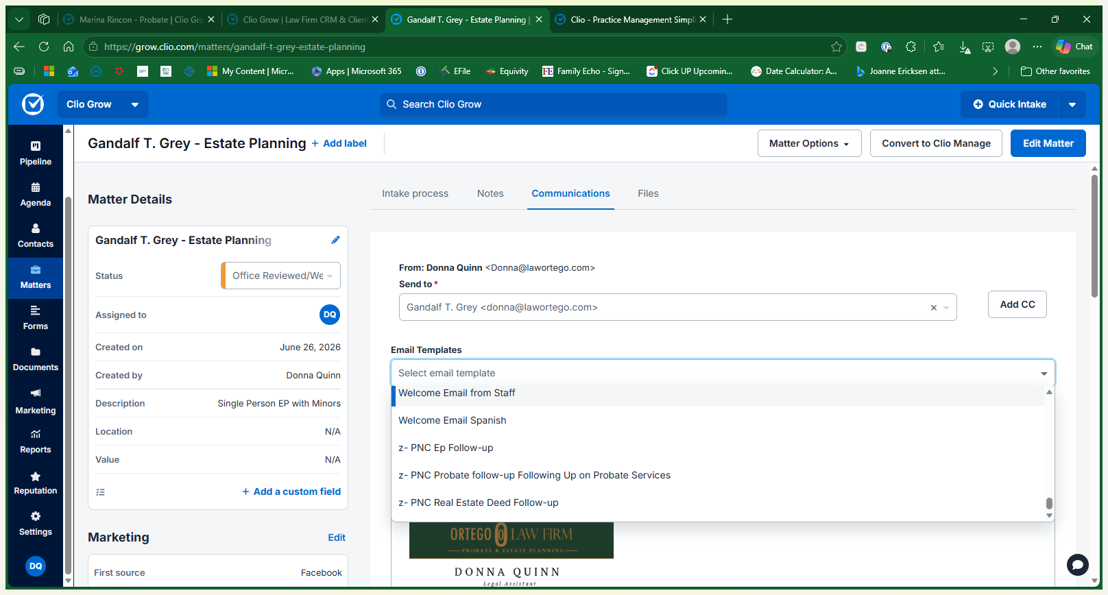 Step #15: Select Welcome Email from Staff from the Email Templates dropdown to populate an email containing firm information and a self-scheduling link.