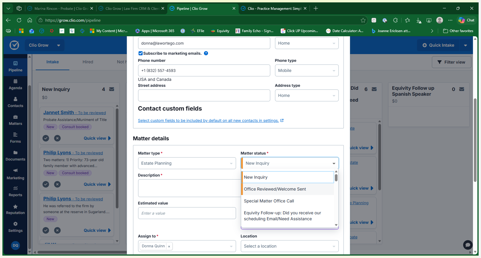 Step #8: Select the appropriate status from the Matter Status dropdown, such as Office Reviewed / Welcome Sent, to accurately reflect where the client is in the intake workflow.