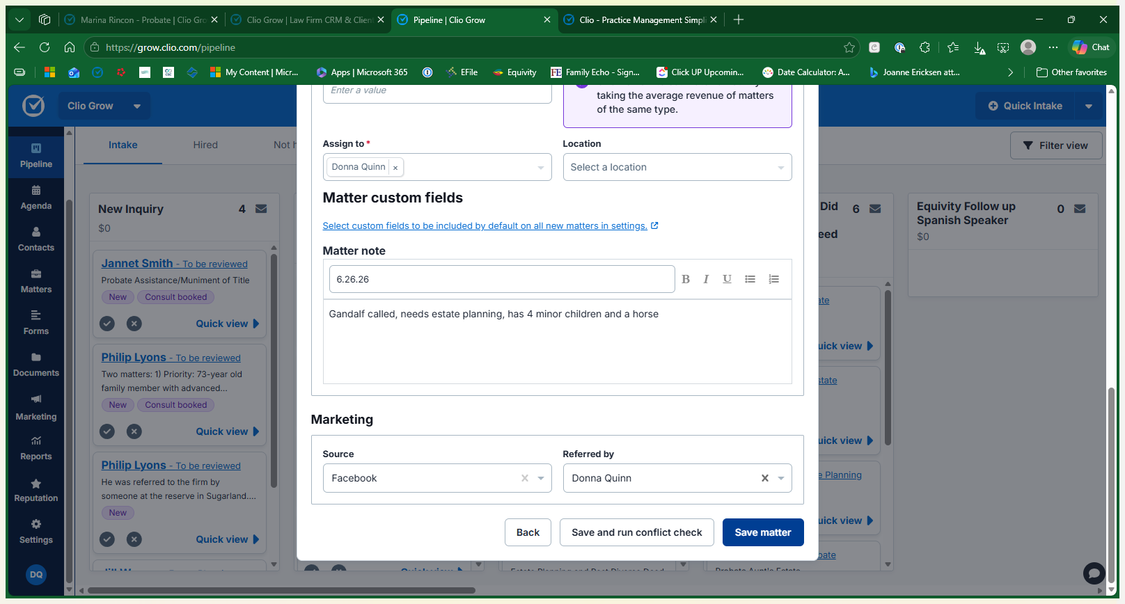 Step #13: Click Save matter to finalize the creation of the intake record.