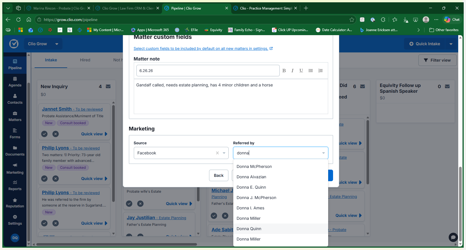 Step #12: Select the marketing channel (e.g., Facebook) and specify the referral source's name in the Referred by field to help the firm track marketing efforts.