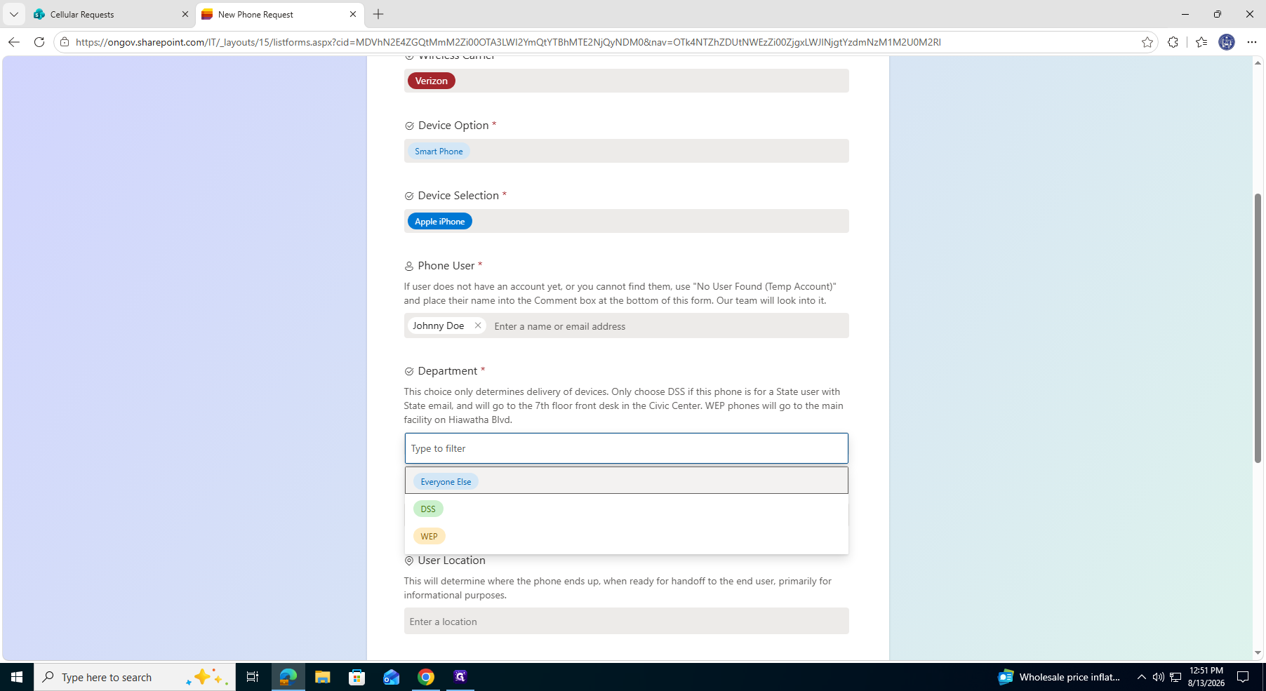 Step #14: Select the appropriate department, such as Everyone Else.