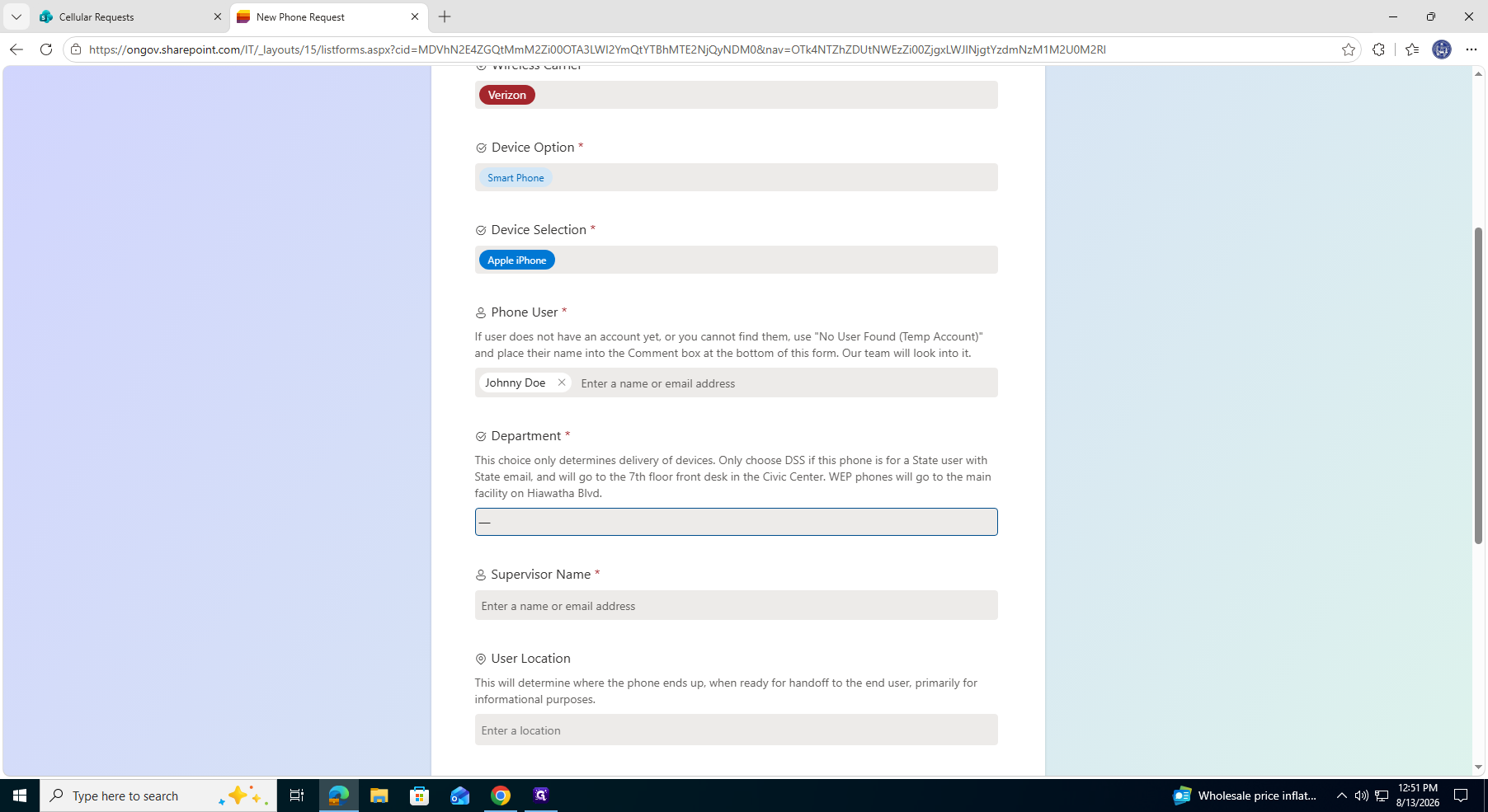 Step #13: If the user requesting a new phone works for either DSS or WEP, choose the appropriate department from the Department dropdown menu. This ensures the device is shipped to the correct location.