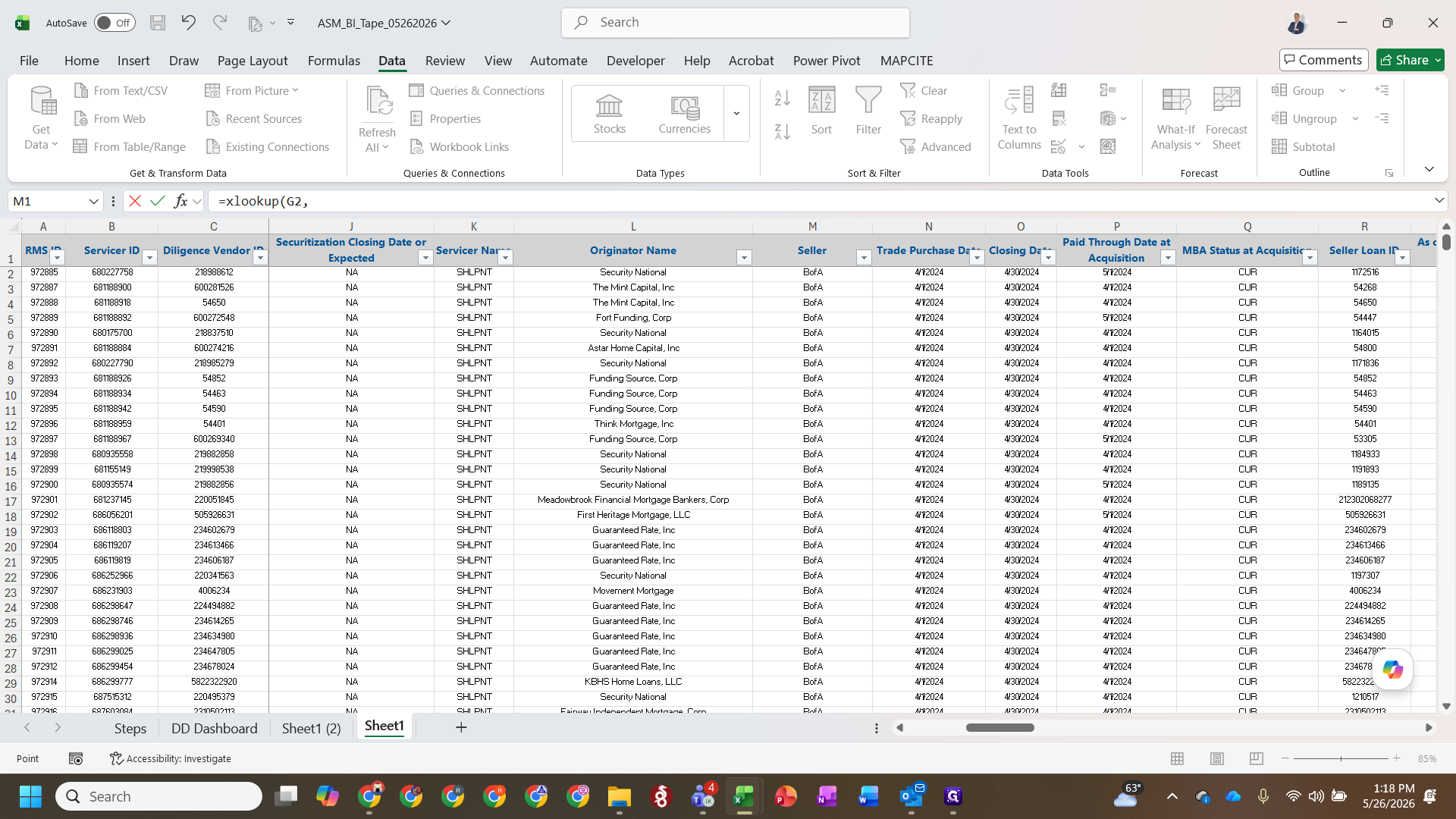 Step #2: In your master BI Tape, enter an XLOOKUP formula to cross-reference the seller loans from the supplemental tape.