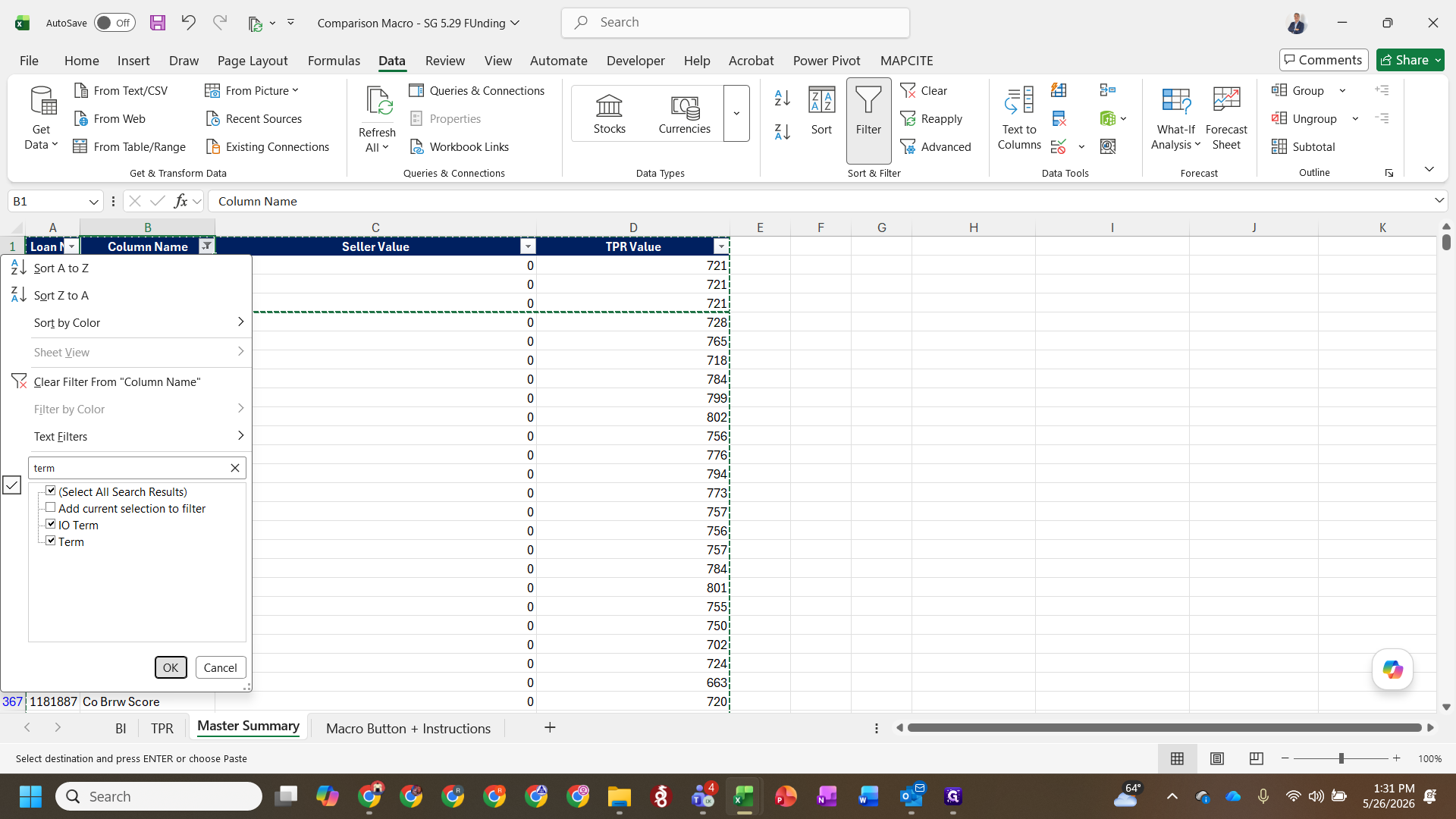 Step #23: Review the generated Master Summary and filter the Column Name field to isolate key discrepancies like DSCR, Term, or Zip Code.
