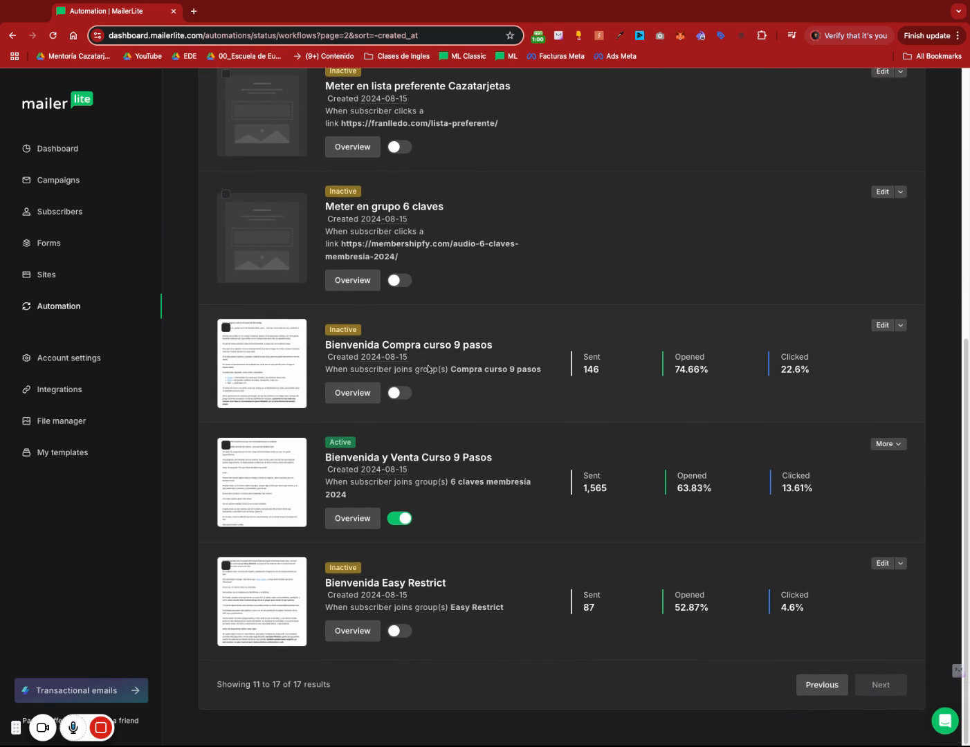 Step #6: En la lista de automatizaciones, haz clic en la automatización 'Bienvenida y Venta Curso 9 Pasos'.