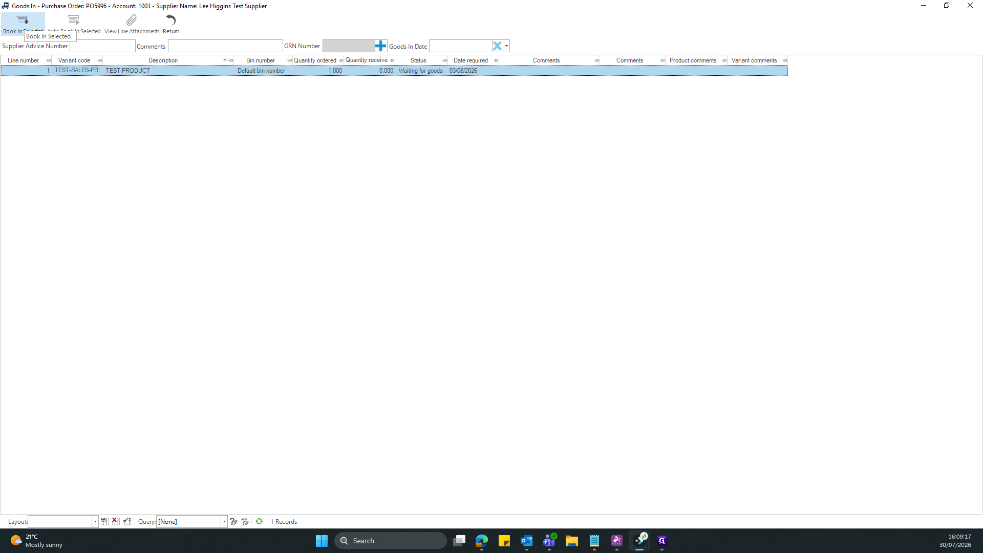 Step #8: Click Book In Selected in the toolbar above the line items.