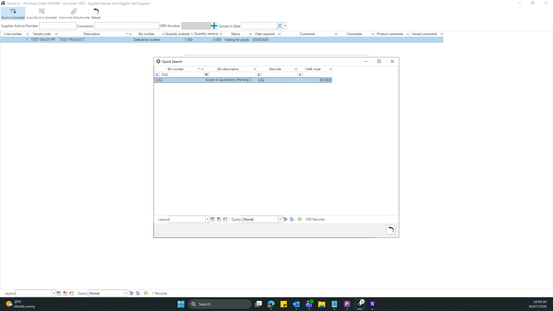 Step #11: Double-click the target bin from the search results (e.g., Goods In Quarantine) to assign the stock to that physical location.