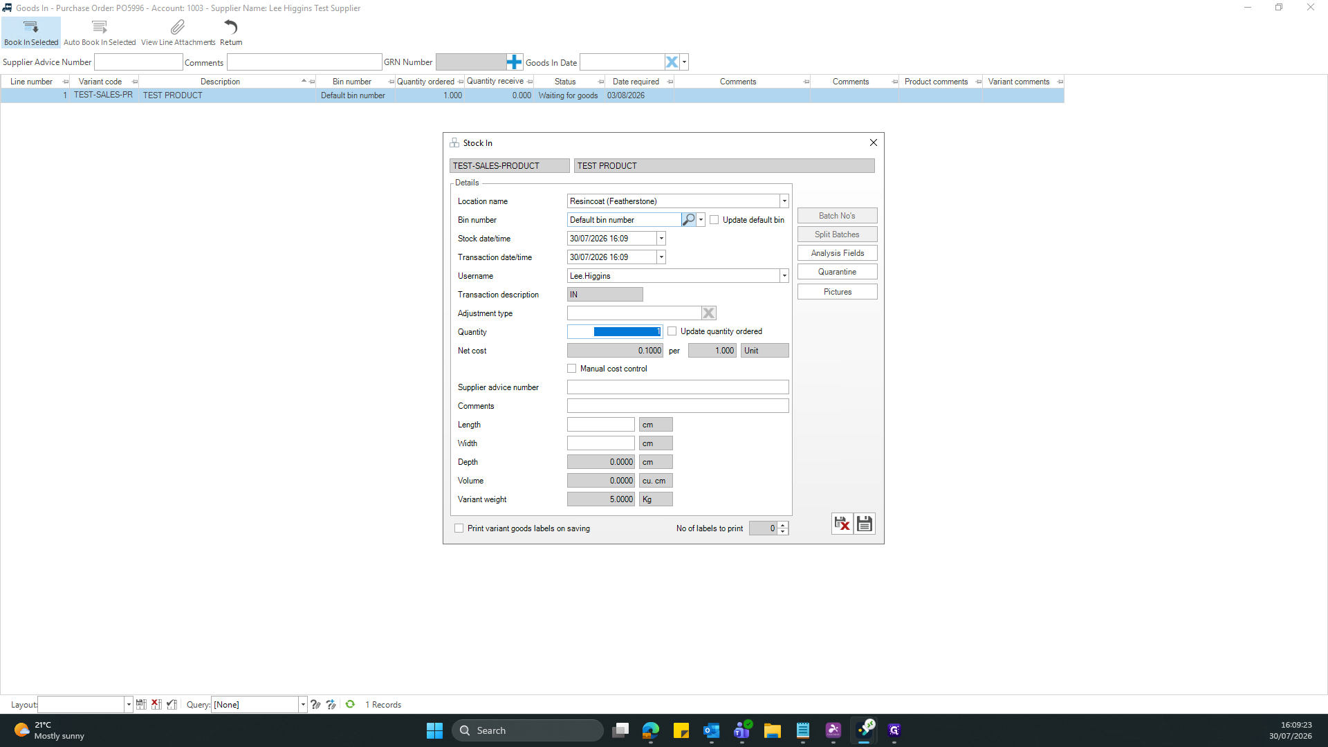 Step #13: Verify via the delivery note or manual checks that the expected amount is correct, then enter the received quantity in the quantity field. Once you have done this, press save and this will record the goods in, as well as putting the items into stock.