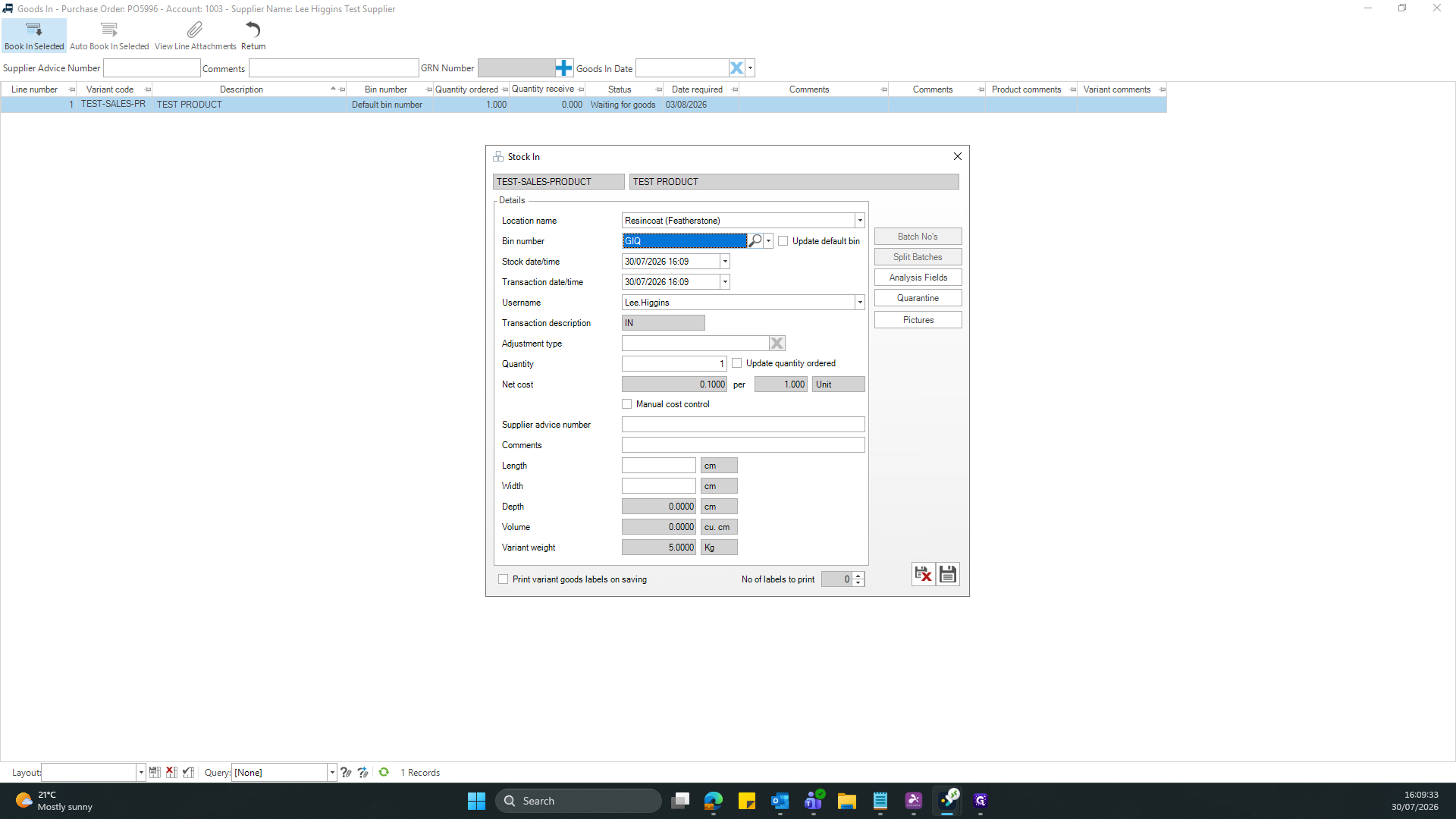Step #12: If the product is a raw material, you must select "Batch No's" on the right hand side and enter a supplier batch number, this can be found on the IBC/Barrel/Container, if there are none, then use the lot number, followed by the PO number, E.G 30406/5806, press save to record the batch.