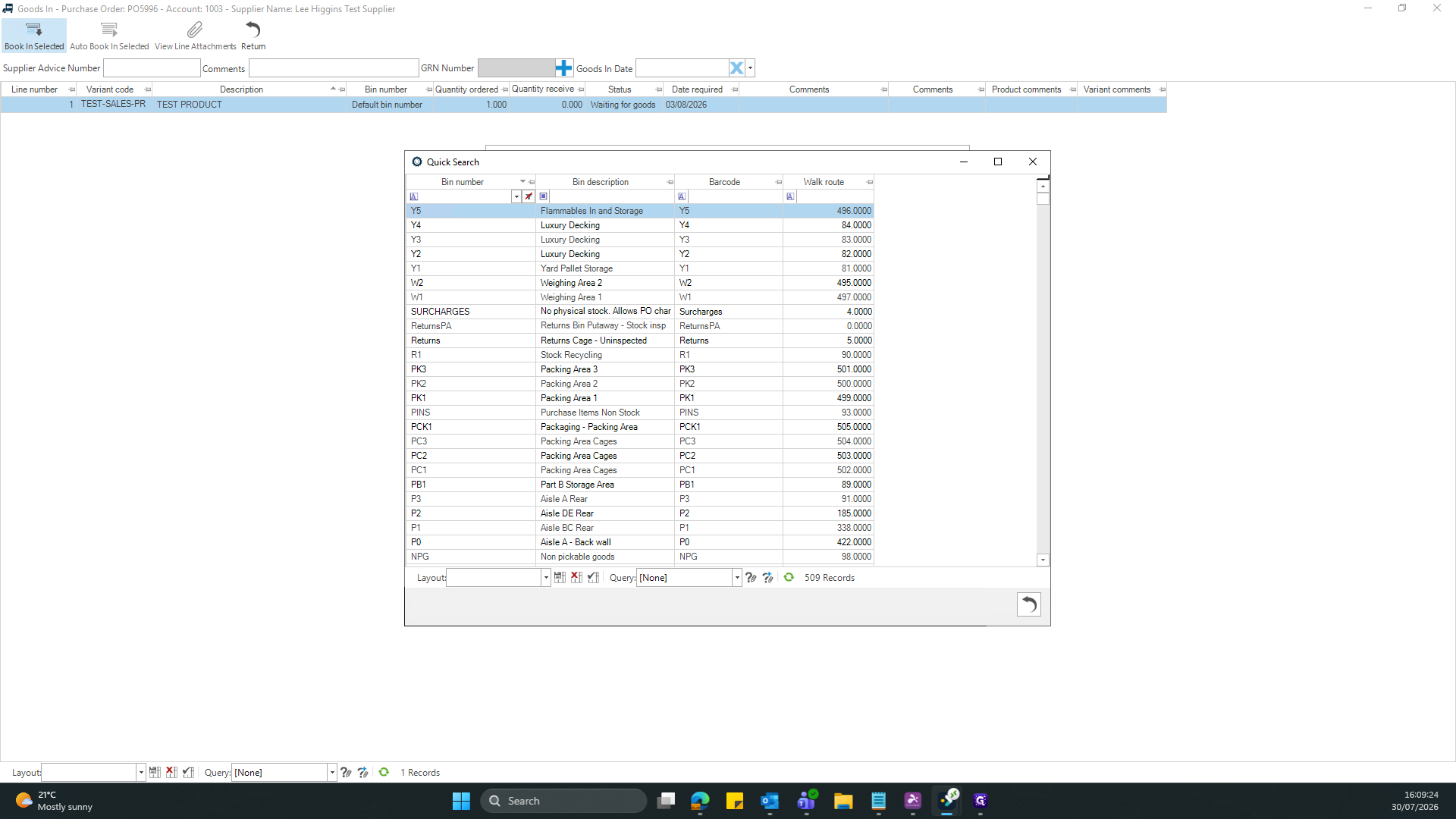 Step #9: If you wish to place the item into another bin than the default, click into the Bin search field to open the Quick Search window.